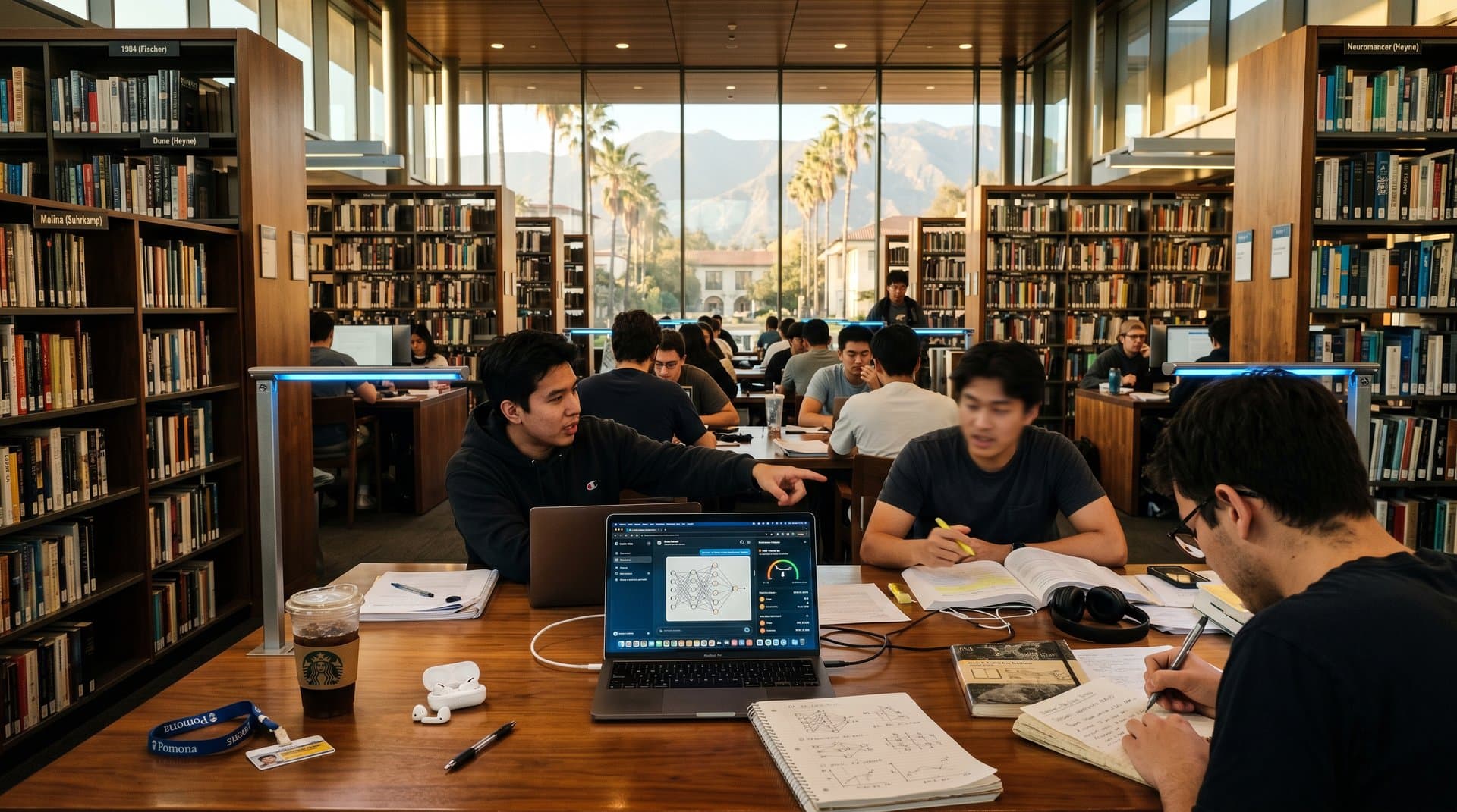Bibliothek auf Pomona College mit Literatur, AI und Krypto-Charts