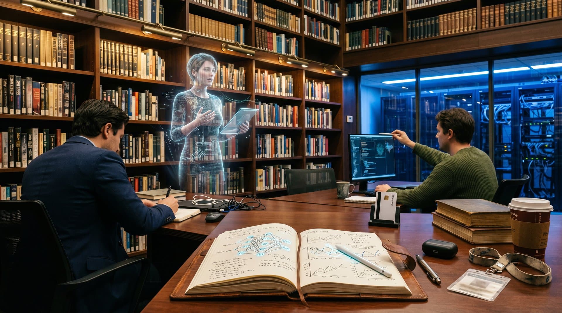 Offenes Buch mit KI-Netzwerken, Krypto-Charts und Bibliotheksregalen.