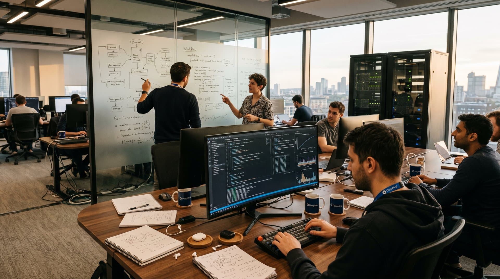 Ingenieure in Google DeepMind Lab analysieren AI-Agent-Code auf Multi-Monitor-Setups bei einem Team-Meeting