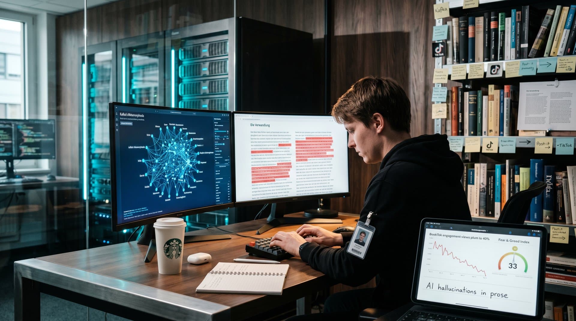 KI-Labor-Szene mit neuronalen Netzen, Kafka-Texten, BookTok- und Crypto-Charts