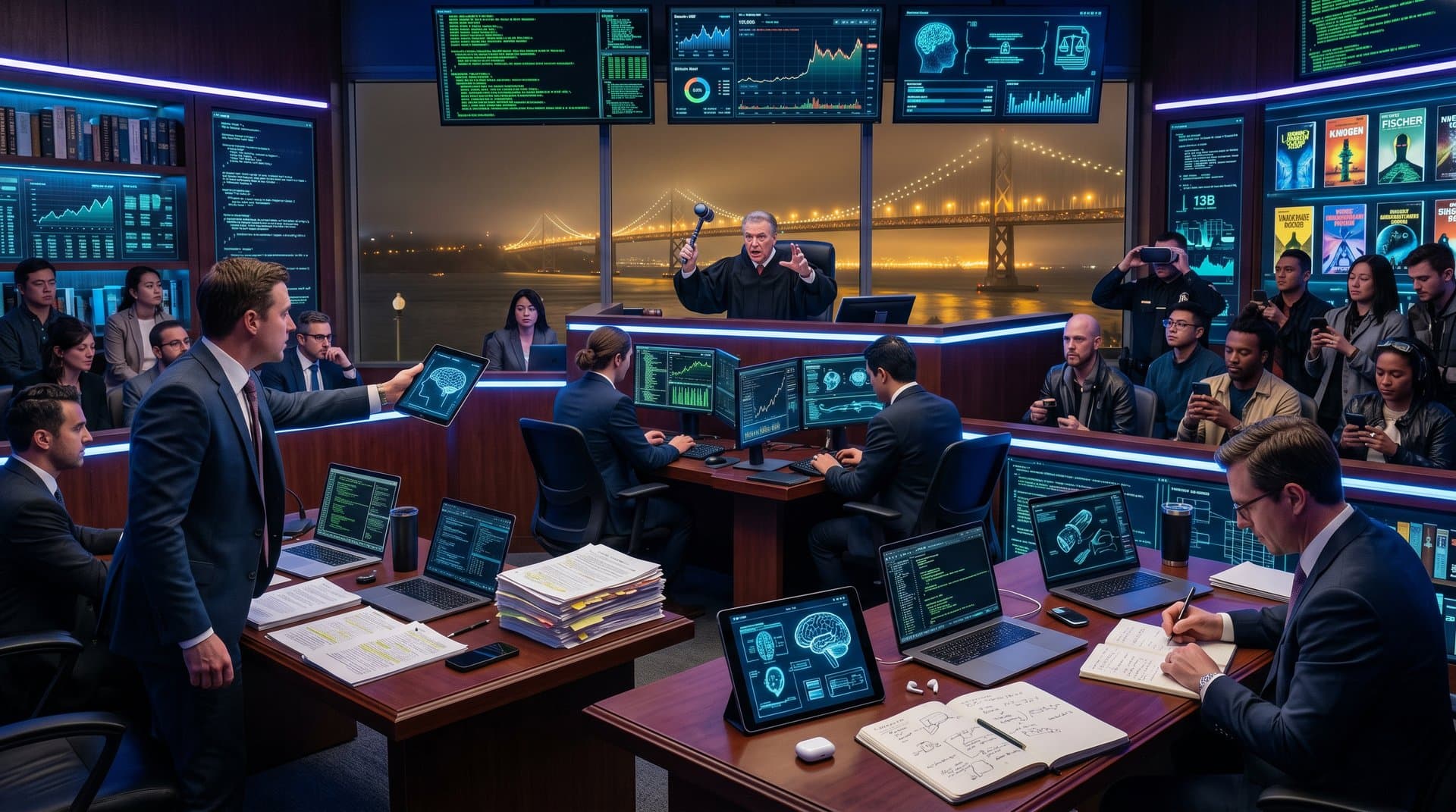 Futuristisches Gerichtsinnere mit Tech-Elementen, Sci-Fi-Büchern und Krypto-Charts