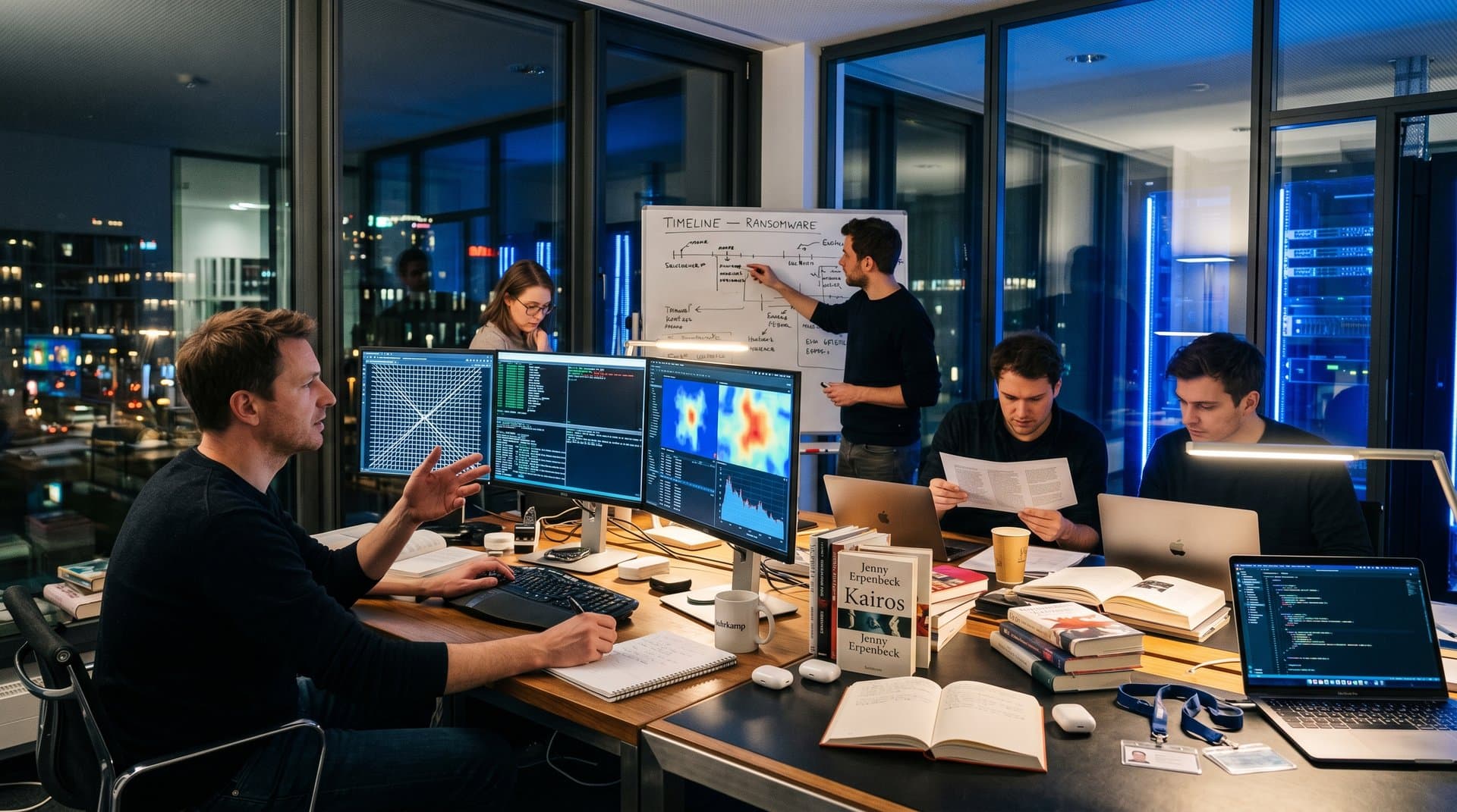 Verlagsredakteure bekämpfen Cyberbedrohungen Mythos-Angriff in modernem Büro mit KI- und Buch-Elementen