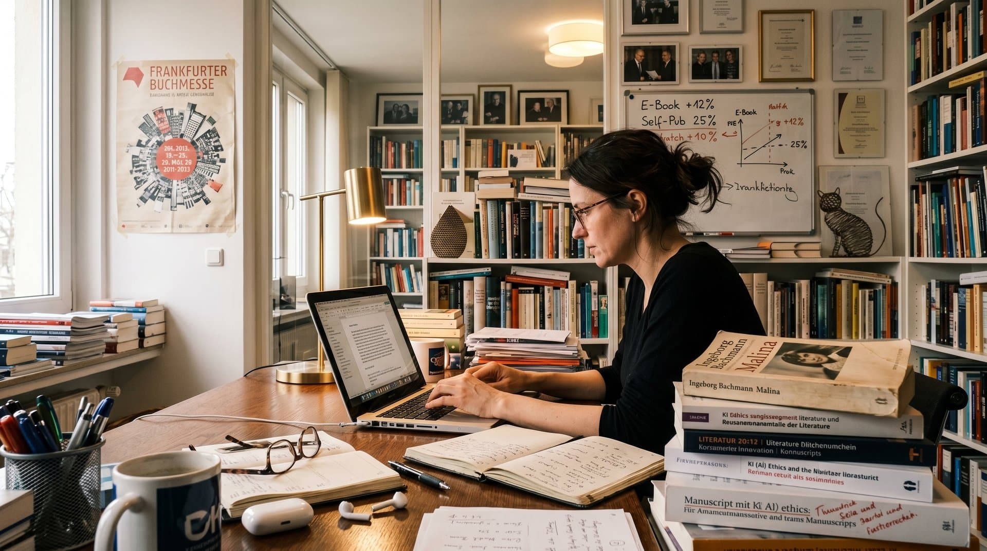 Schreibzimmer mit Büchern und Laptop: OpenAI Amazon Bedrock als KI-Muse für Autoren