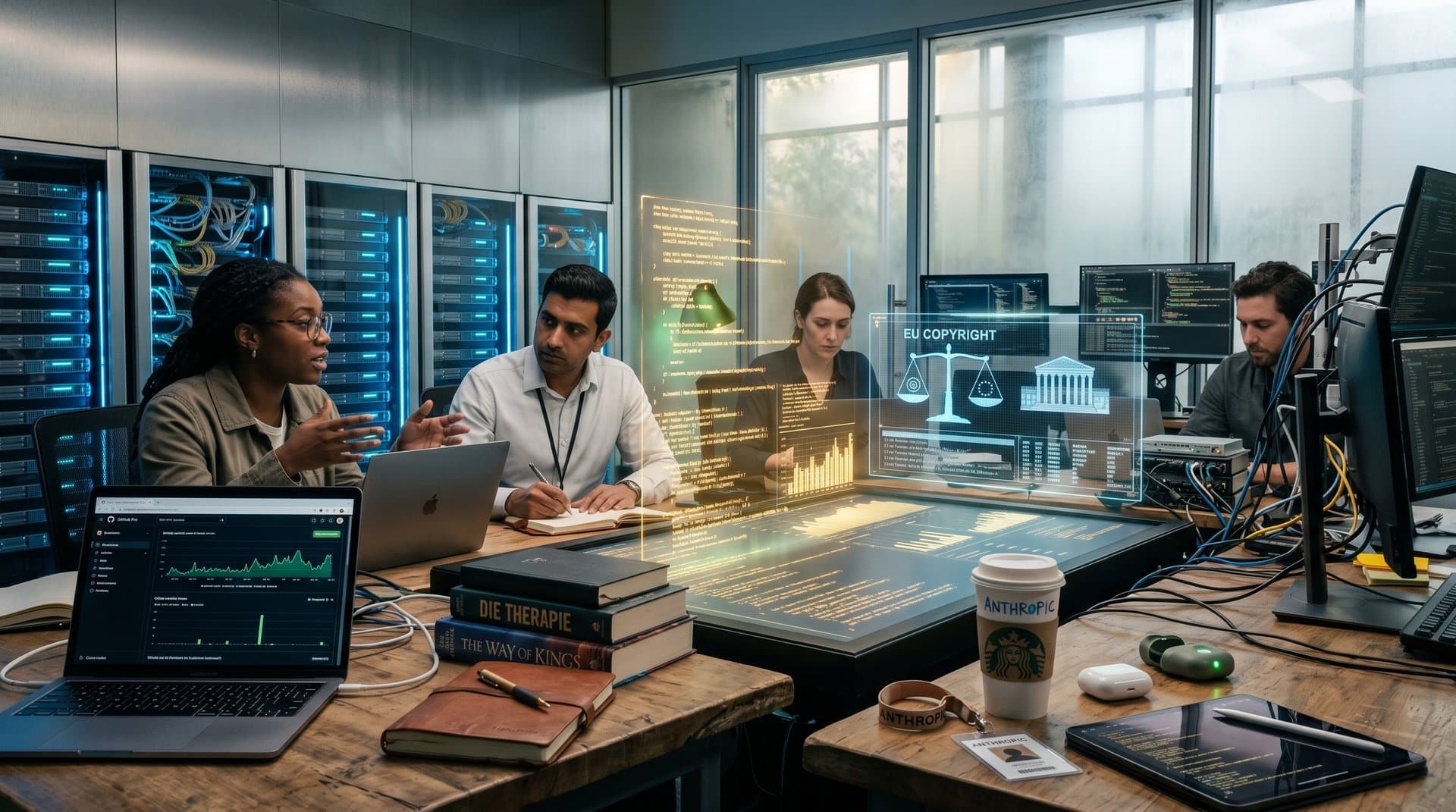 Codezeilen und Bücher in abstraktem Tech-Büro, Symbol für KI-Autorschaftsdebatte