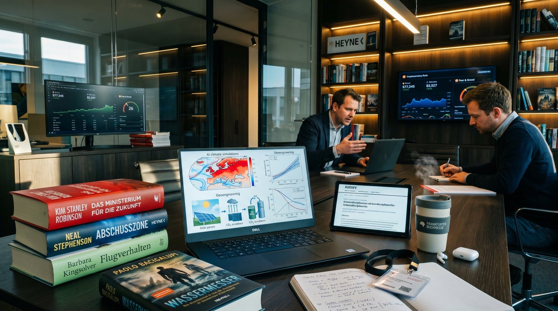 Cli-Fi-Bücher und KI-Klimasimulationen auf Verlagstisch mit BTC-Chart