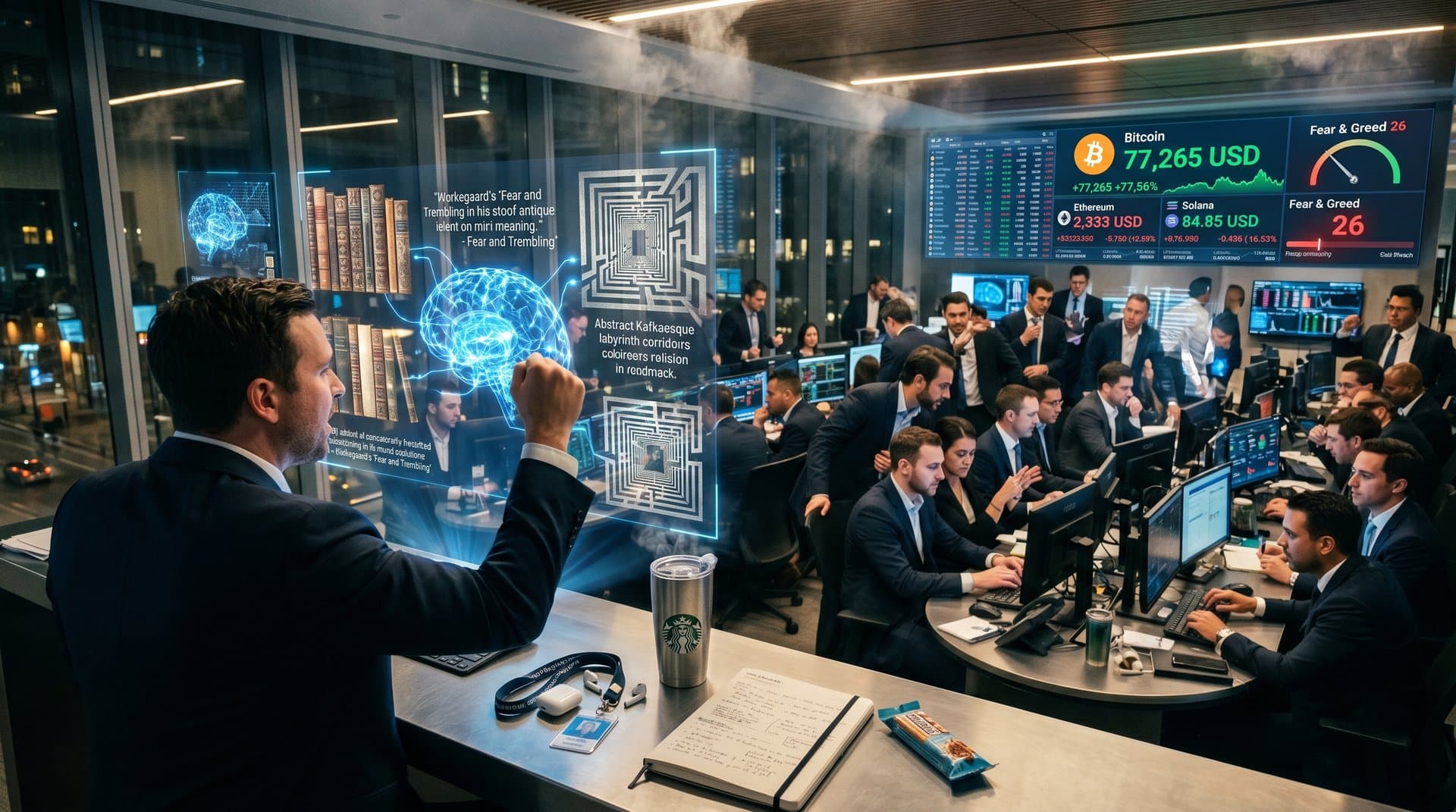 Abstrakte Fusion von Literatur-Symbolen, KI-Netzwerken und Crypto-Charts