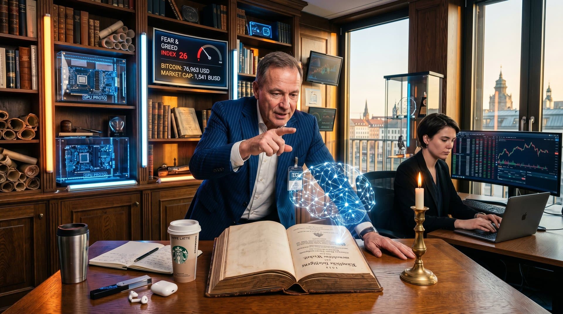 Offenes Buch mit KI-Hologrammen, Fear & Greed Index und Bitcoin-Chart in philosophischer Szene
