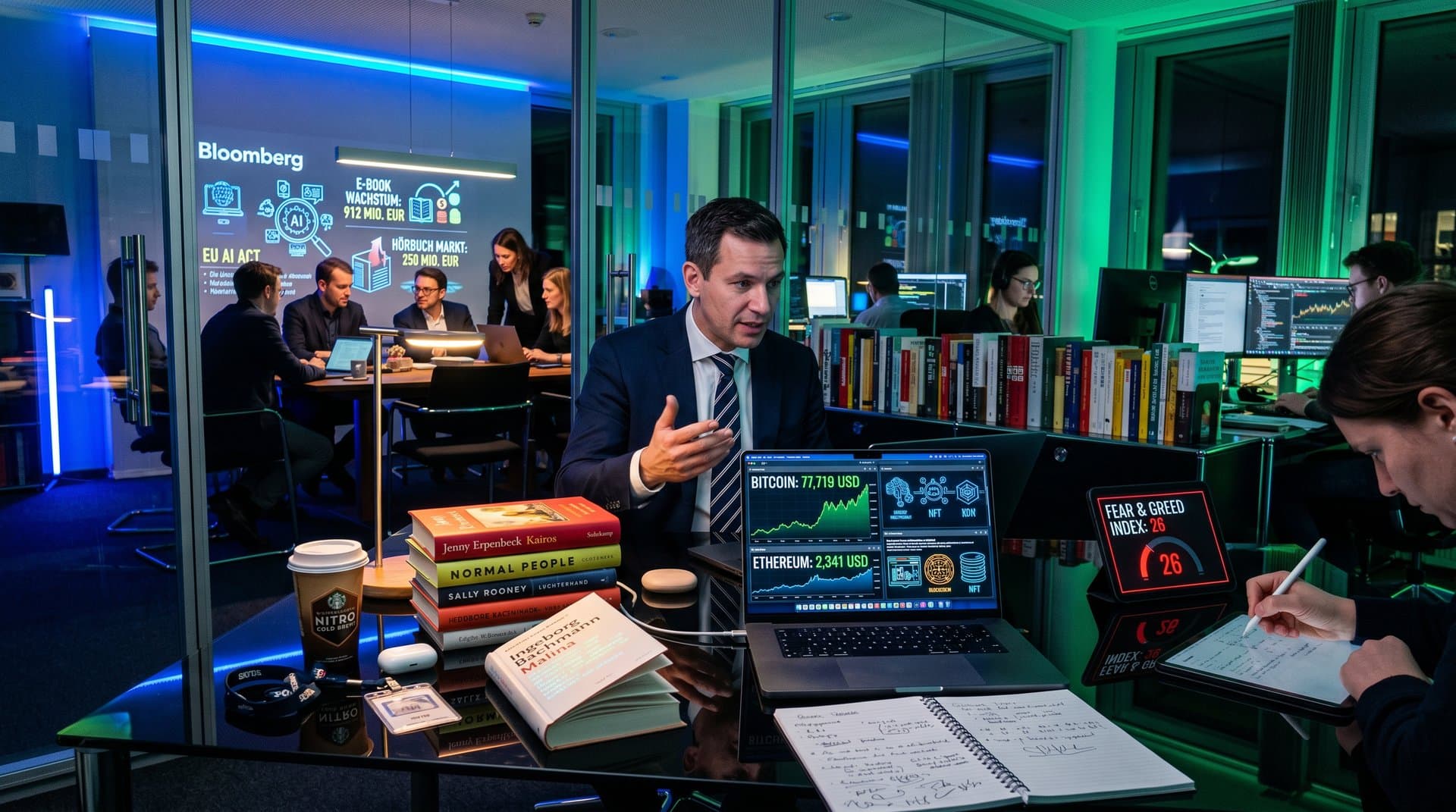 KI und Literatur im Verlagskontext mit Crypto-Charts und Buchstapeln