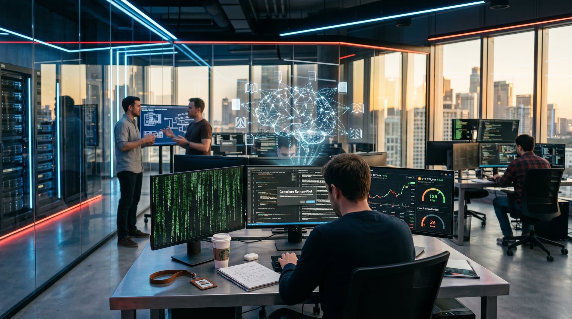 AI-Labor mit Claude Code-Outputs und Blockchain-NFT-Interface für IP-Schutz