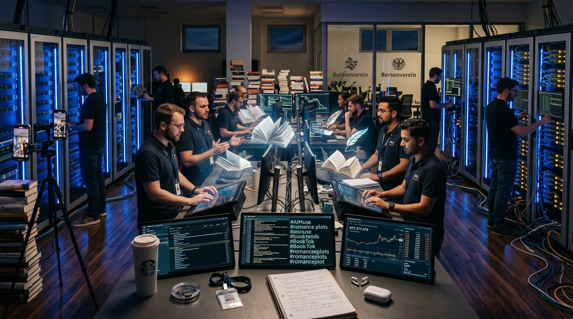 AWS-Rechenzentrum mit OpenAI-Integration, Server, Hologramme, kreative Buch-Elemente und BookTok-Symbole