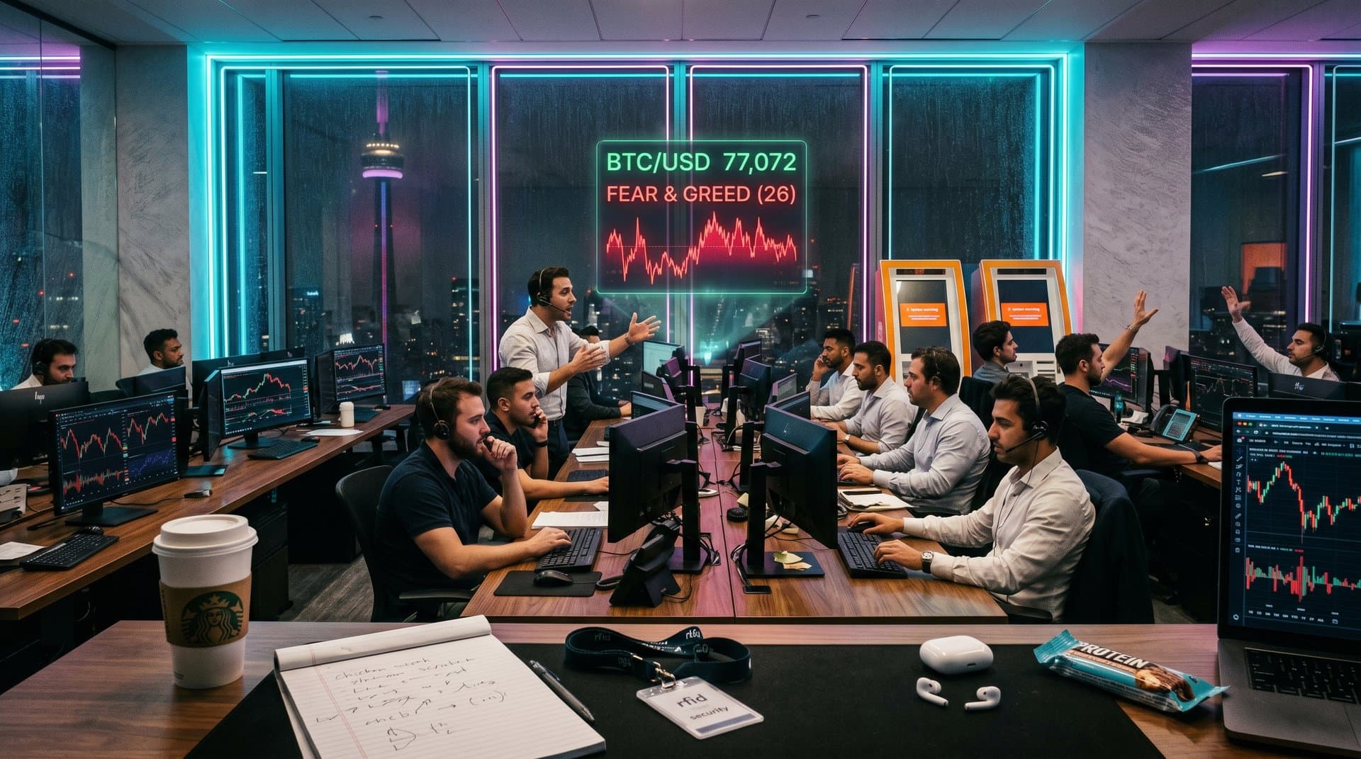 Cyberpunk-Szene mit Krypto-Charts, Bitcoin-Preis und Toronto-Skyline