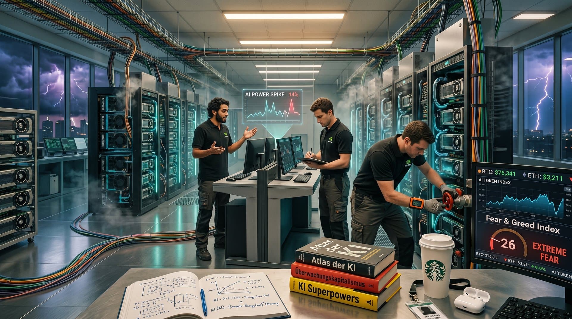 Nvidia Data-Center mit GPU-Racks, KI-Buch und Krypto-Charts in tech-literarischem Stil