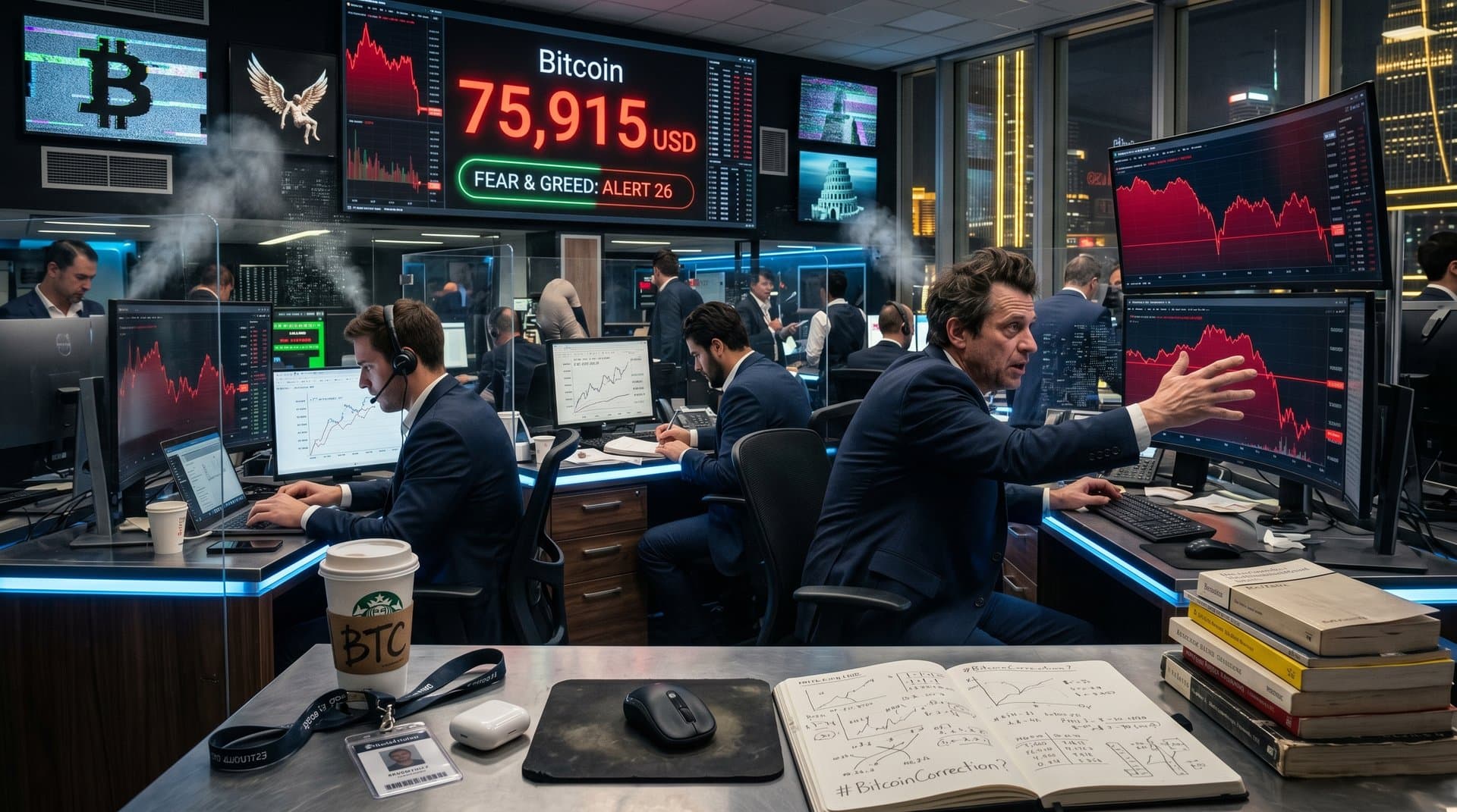 Trading-Desk mit roten Bitcoin-Charts bei 75.915 USD und Fear & Greed Index 26, BookTok-Ästhetik im Hintergrund