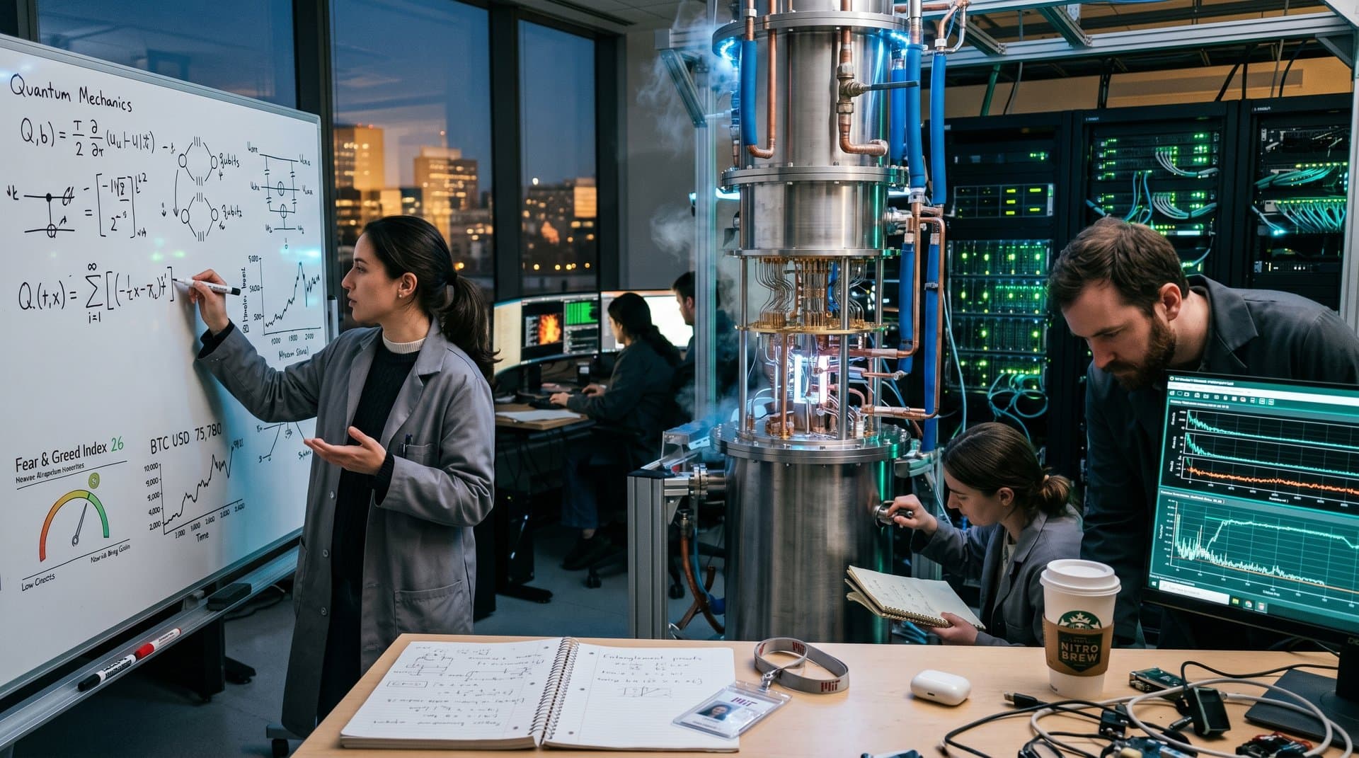 Quantum-Computing-Labor am MIT-IBM Computing Research Lab mit Kryostaten, Qubit-Graphen und Sci-Fi-Elementen