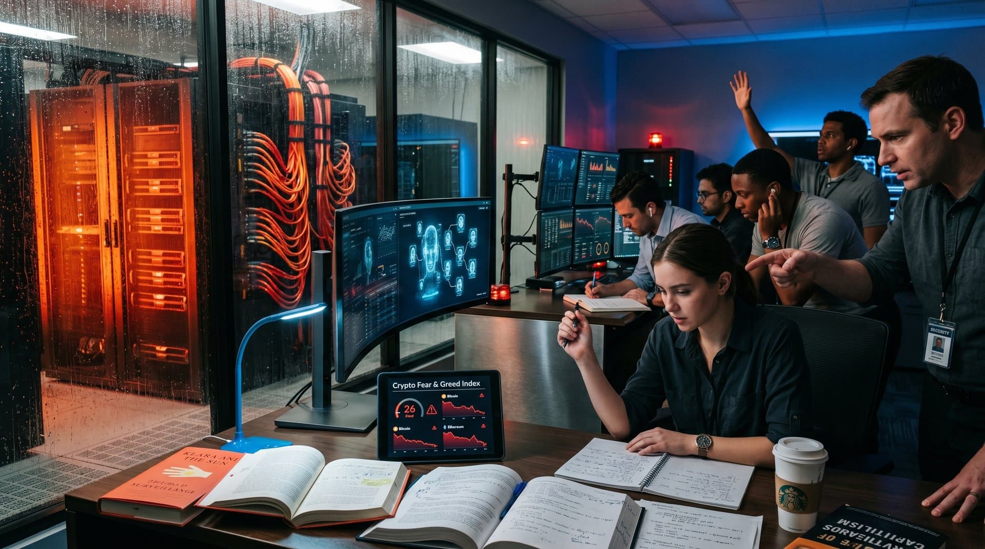 Data-Center mit Sci-Fi-Büchern und Fear-Index-Display in dystopischer Atmosphäre