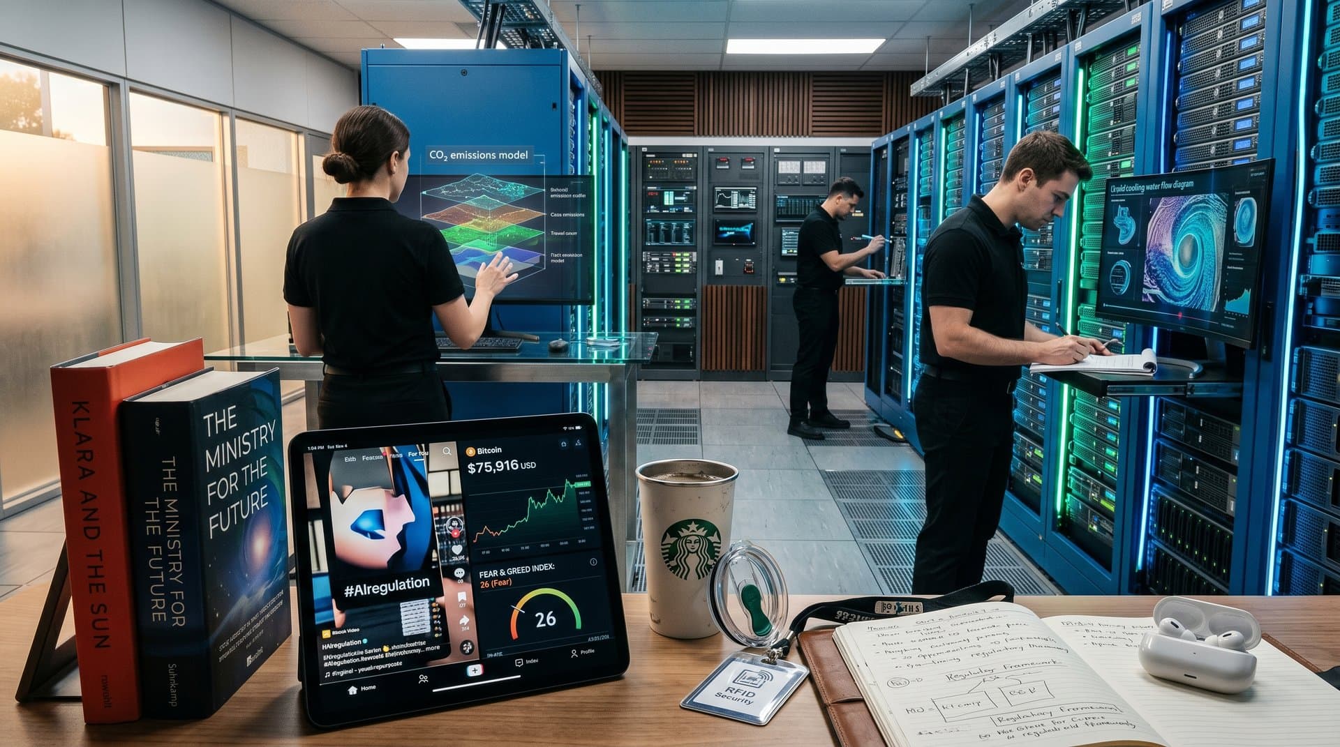 Data Center mit Sci-Fi-Büchern, BookTok und Crypto-Charts zu KI-Regulierung