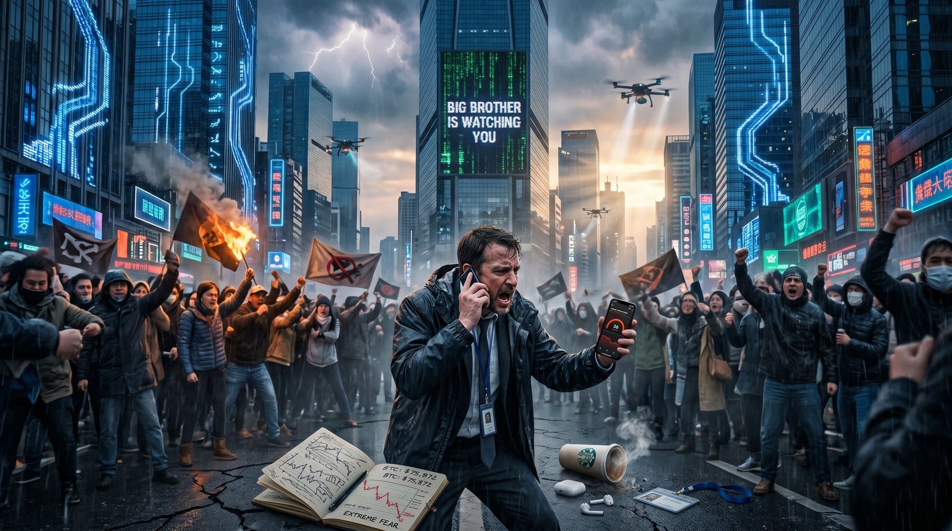 Dystopische Cyberpunk-Stadt mit KI-Netzwerken, offenen Büchern, Propaganda-Hologrammen und Fear Index 26