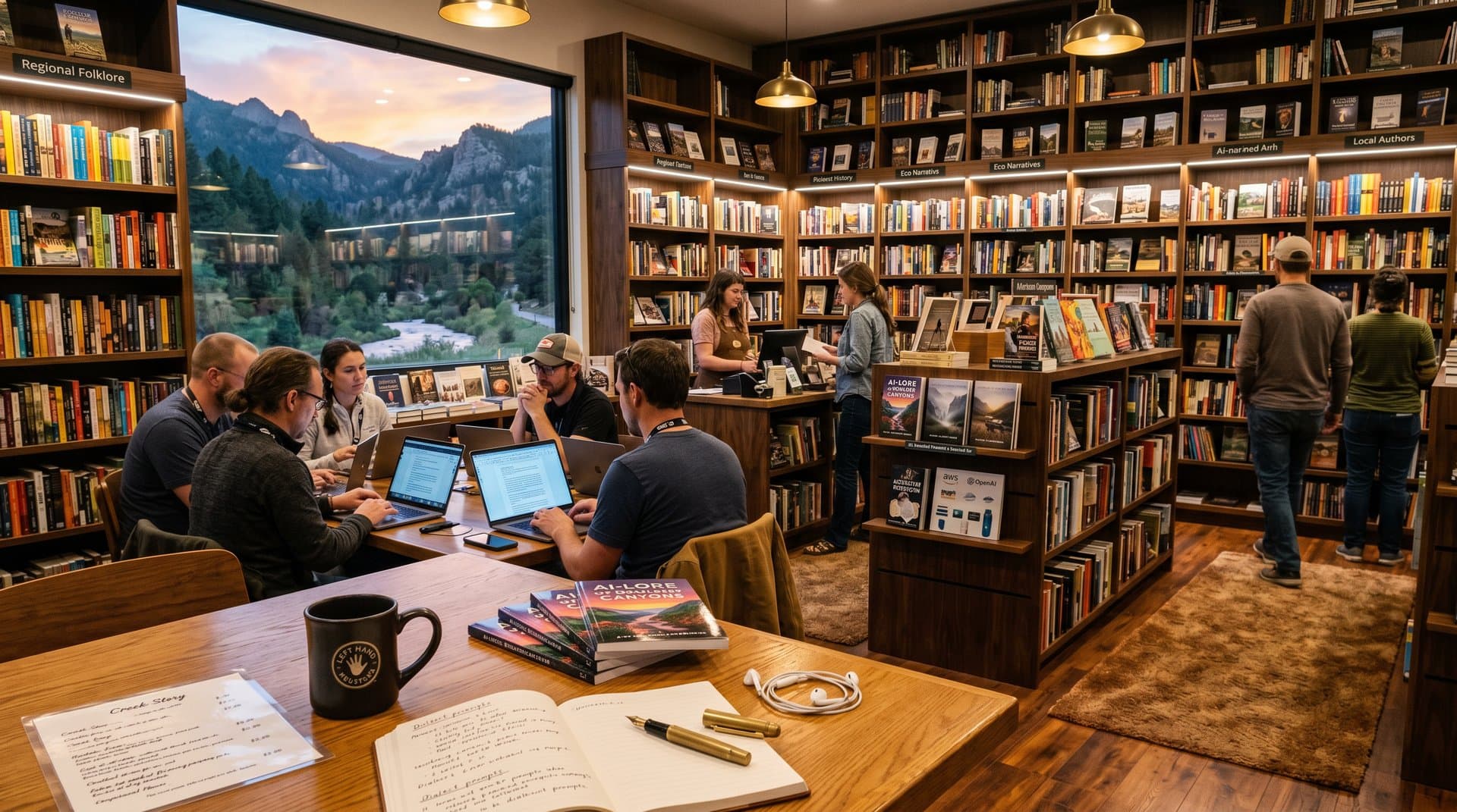 Indie-Buchhandlung in Left Hand Valley mit KI-Storytelling-Workshop, Menükarten und Canyon-Ansicht