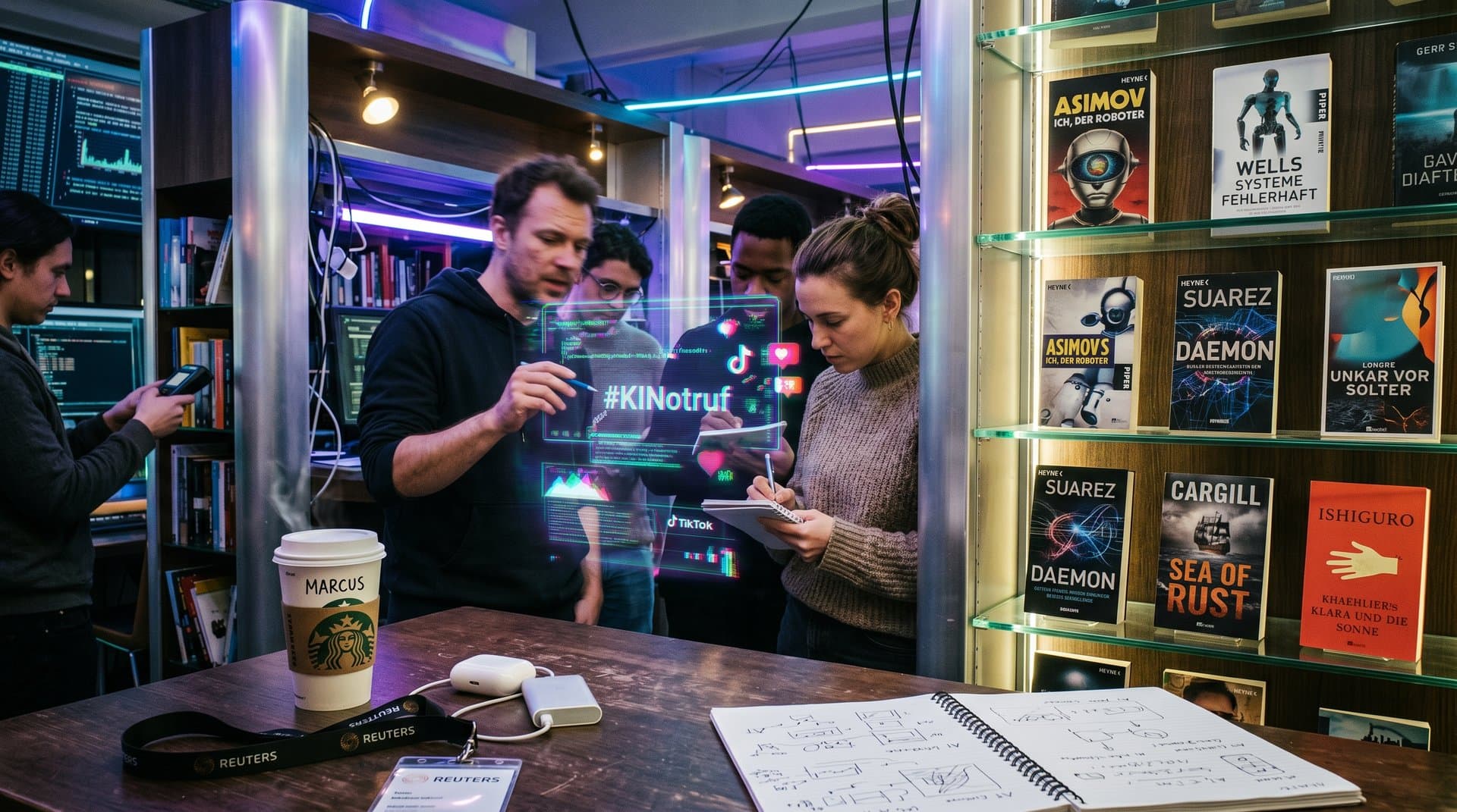 Sci-Fi-Bücher und AI-Notruf-Screens in BookTok-Ästhetik