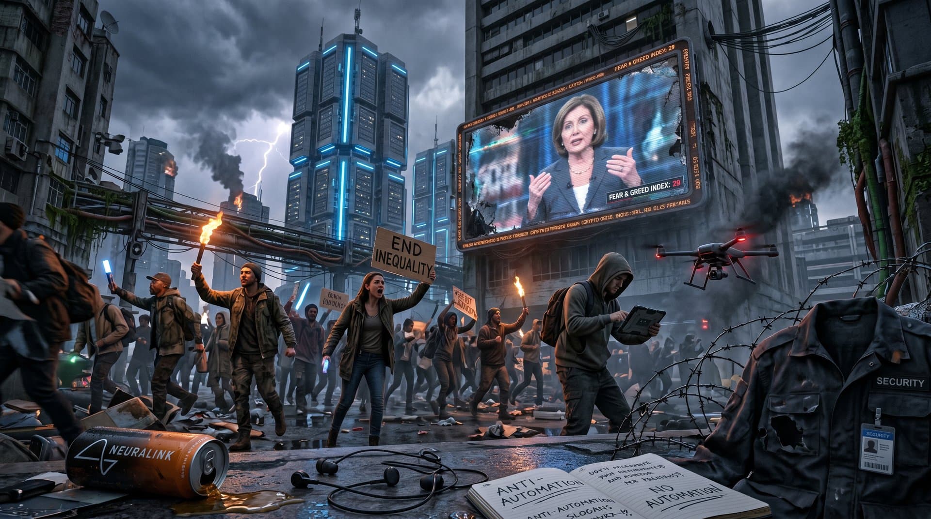 Dystopische Cyberpunk-Stadt mit KI-Servern und holografischen Deepfakes bei Protesten