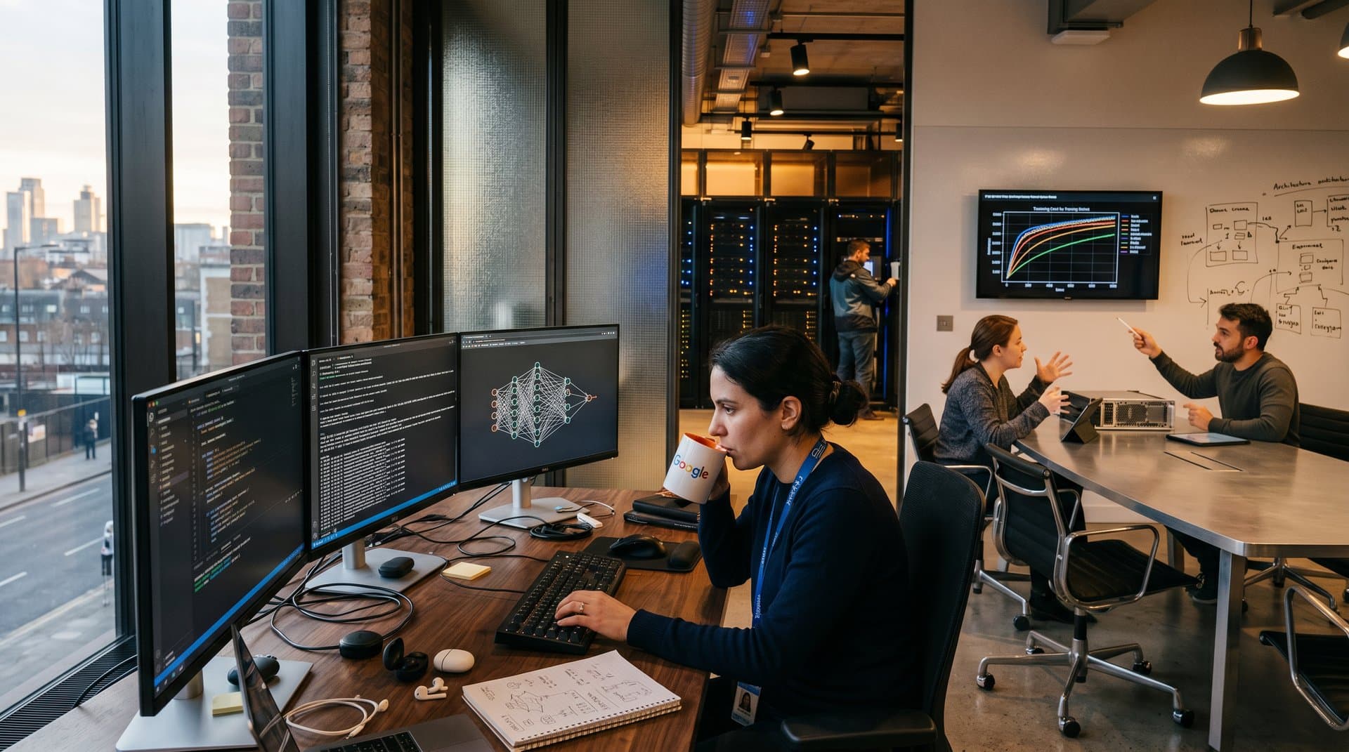 Forscher im Google DeepMind Lab an Schreibtischen mit Monitoren, Servern und Team-Diskussionen im modernen High-Tech-Umfeld