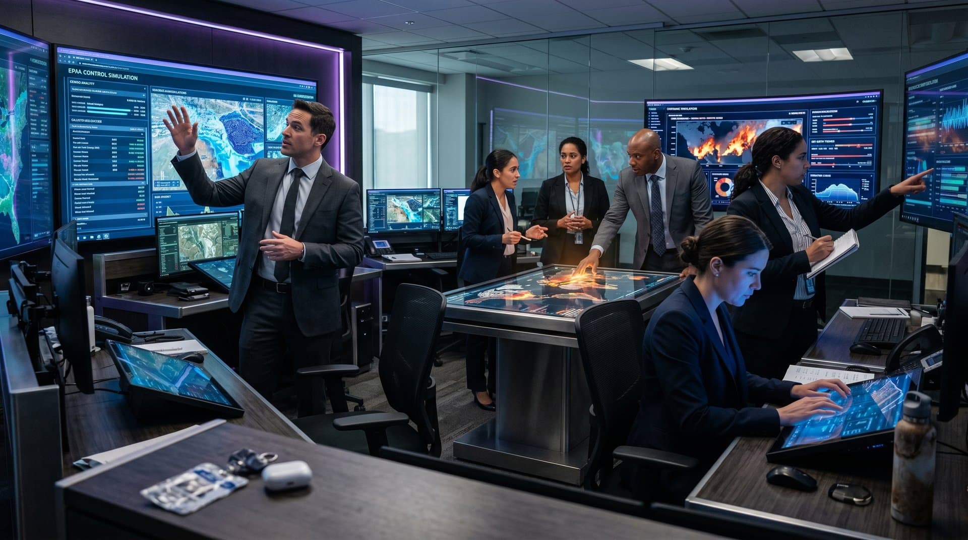 KI-gestützte Klimadatenvisualisierung im EPA-Kontrollraum mit Dystopie-Elementen