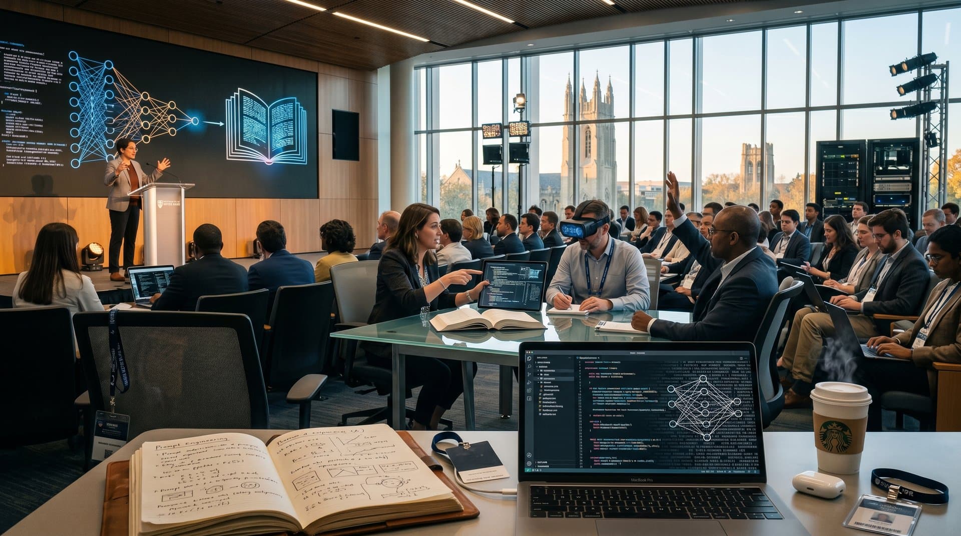 Futuristisches Auditorium mit KI- und Literatur-Diskussionen an der Notre Dame IgniteND 2026