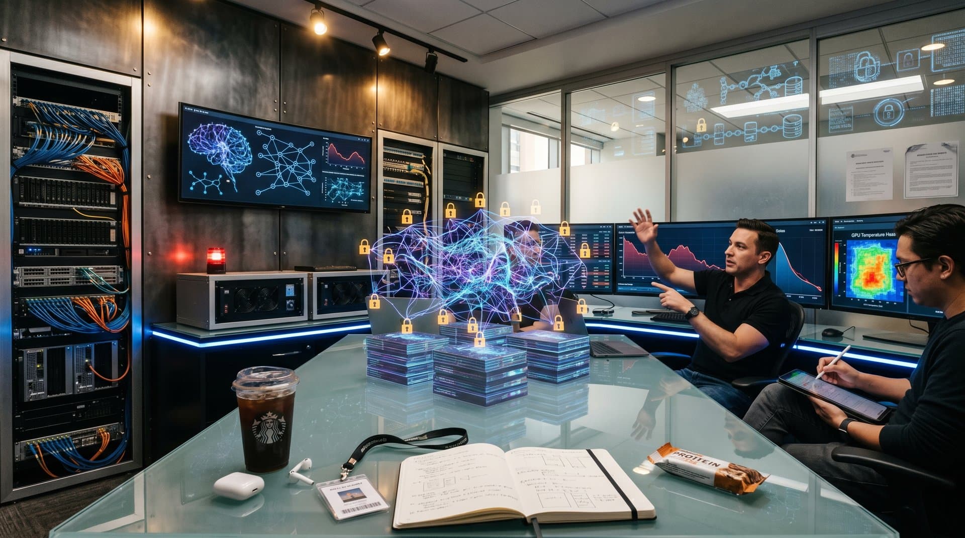 Neuronales Netzwerk verbindet Bücherstapel mit GPU-Servern und KI-Graphen in High-Tech-Labor