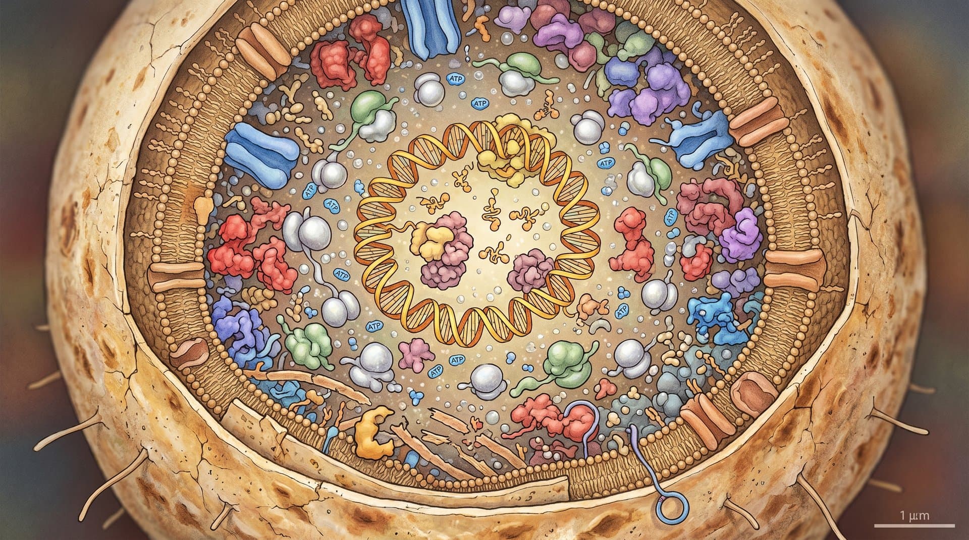 Illustration einer E.-coli-Zelle als Burrito mit Molekülen und DNA im Stil von David Goodsell