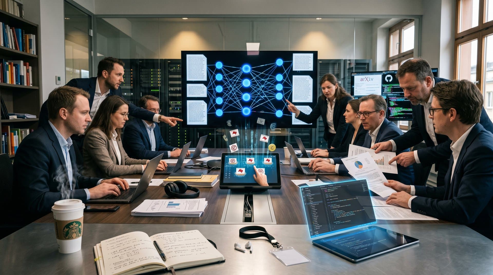 Neuronales Netz mit buchgebundenen Textauszügen und Whack-a-Mole-Elementen in cyberpunk-Stil