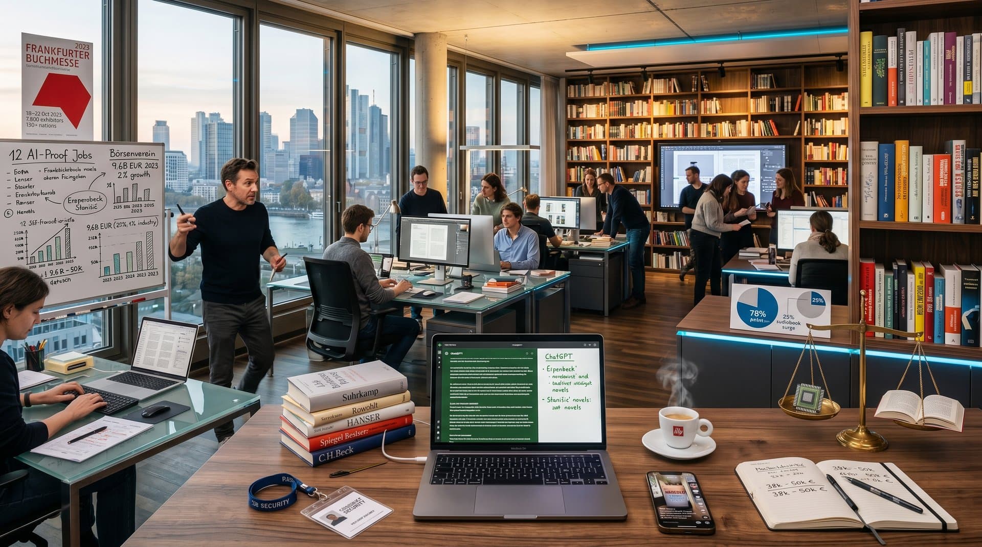 Verlagsbüro mit KI-Texten, Manuskripten und Gehaltsdiagrammen zur Buchmesse