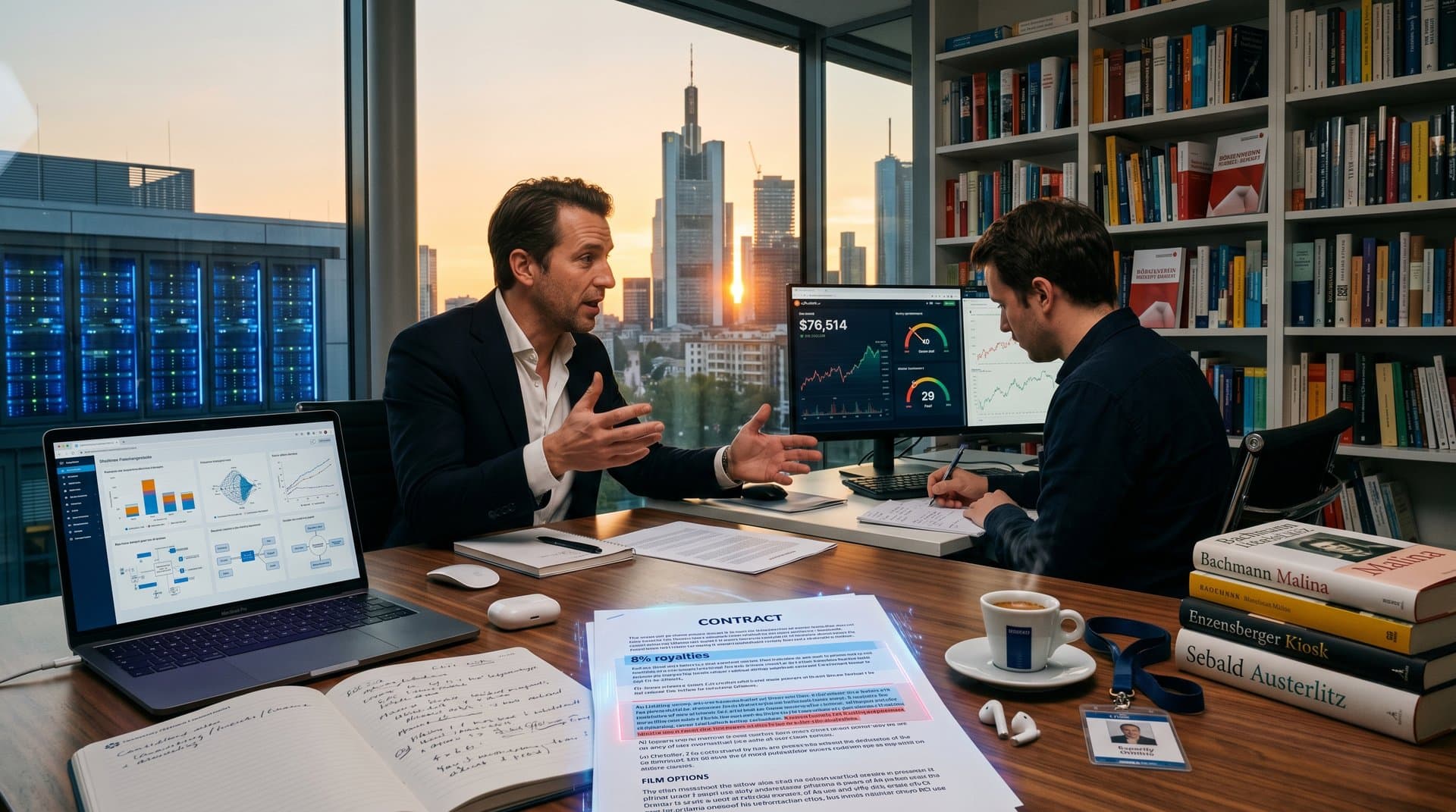 AI-analyse von Verlagsverträgen mit PwC AWS Tool in Frankfurter Büro mit Skyline