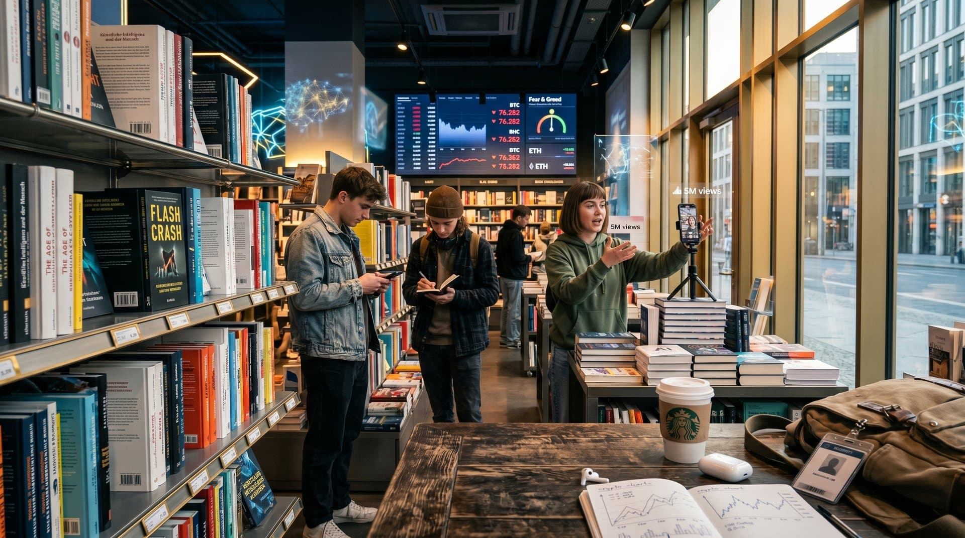 BookTok in Buchhandlung mit AI-Finanzbüchern, Crypto-Charts und scrollenden Smartphones