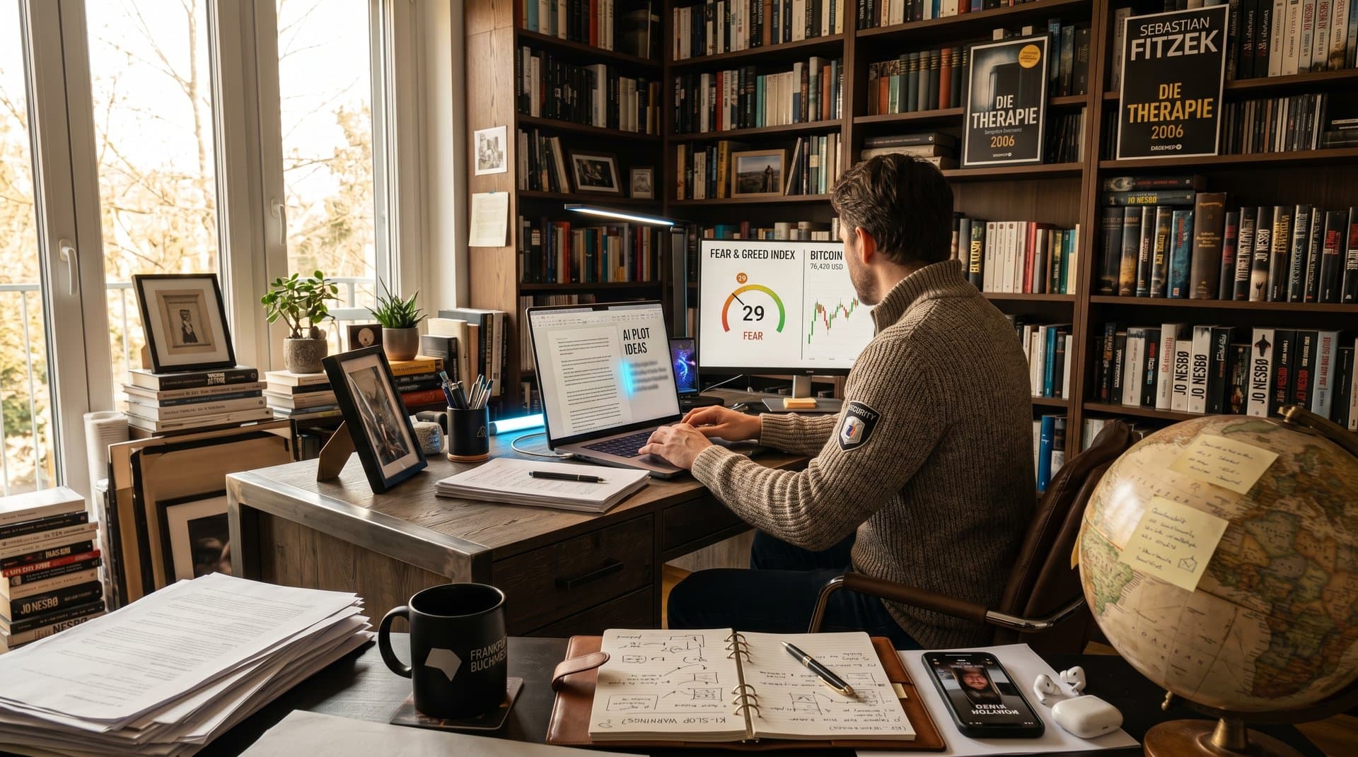 Autor am Schreibtisch mit KI-Tools, Manuskript und Crypto-Index in literarischem Ambiente