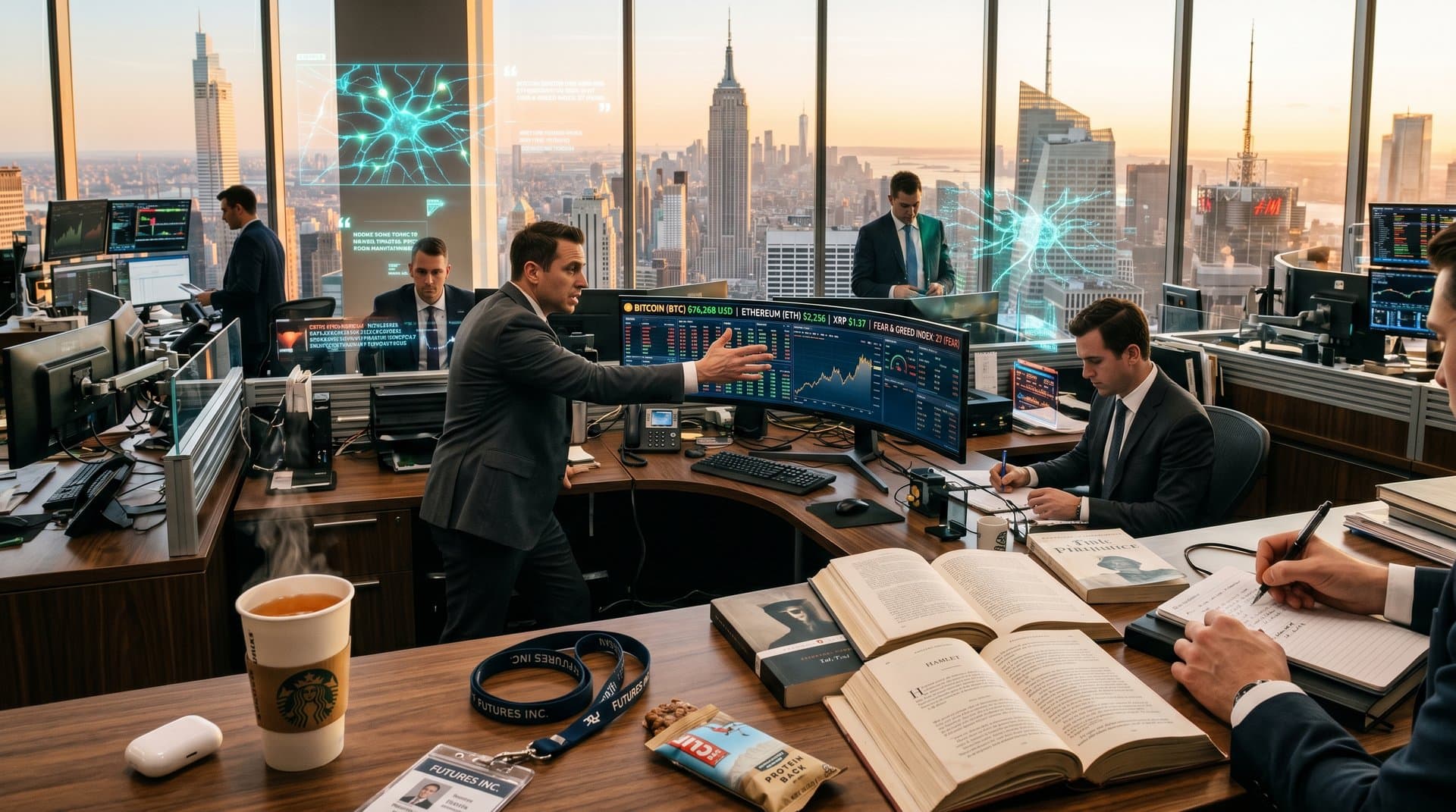 Futuristischer Trading-Desk mit KI-Charts, BTC $76k, Fear & Greed 29 und offenen literarischen Büchern wie Kafka und Shakespeare