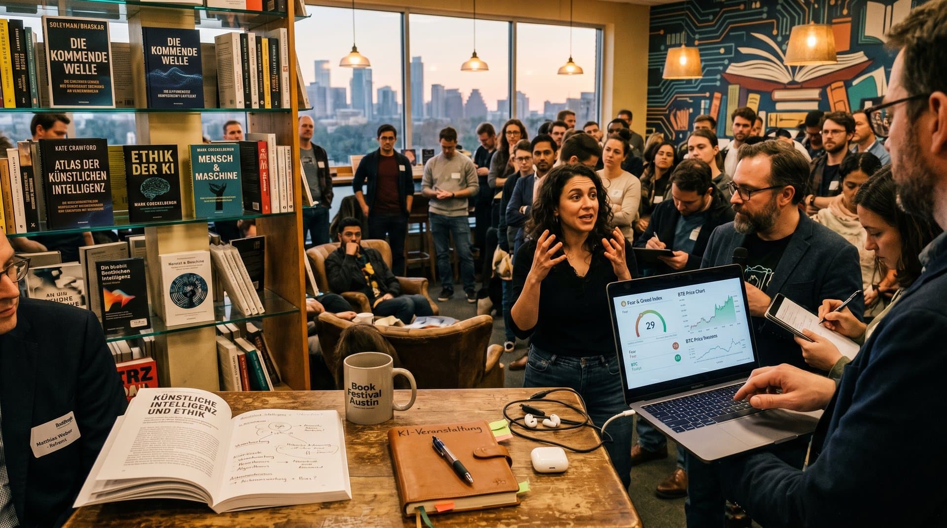 Austin Buchladen mit KI-Sachbüchern, Leser diskutieren Tech-Themen vor Texas-Skyline