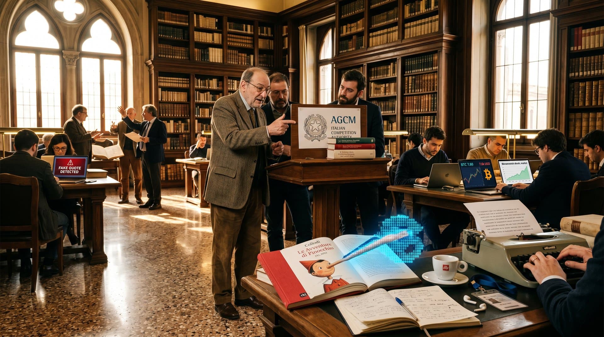 Pinocchio-Buch mit wachsender digitaler Nase vor KI-Bildschirmen in italienischer Bibliothek, AGCM-Siegel und Euro-Symbole