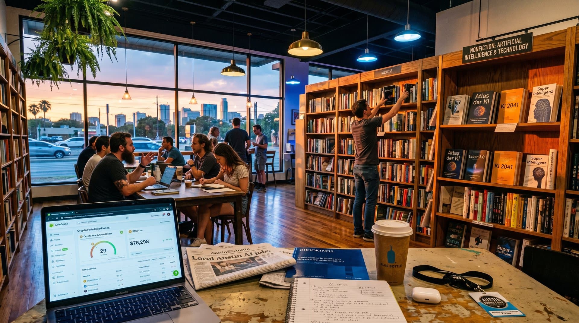 Austin Buchhandlung mit KI-Sachbüchern und Crypto-Chart, kulturelle Atmosphäre