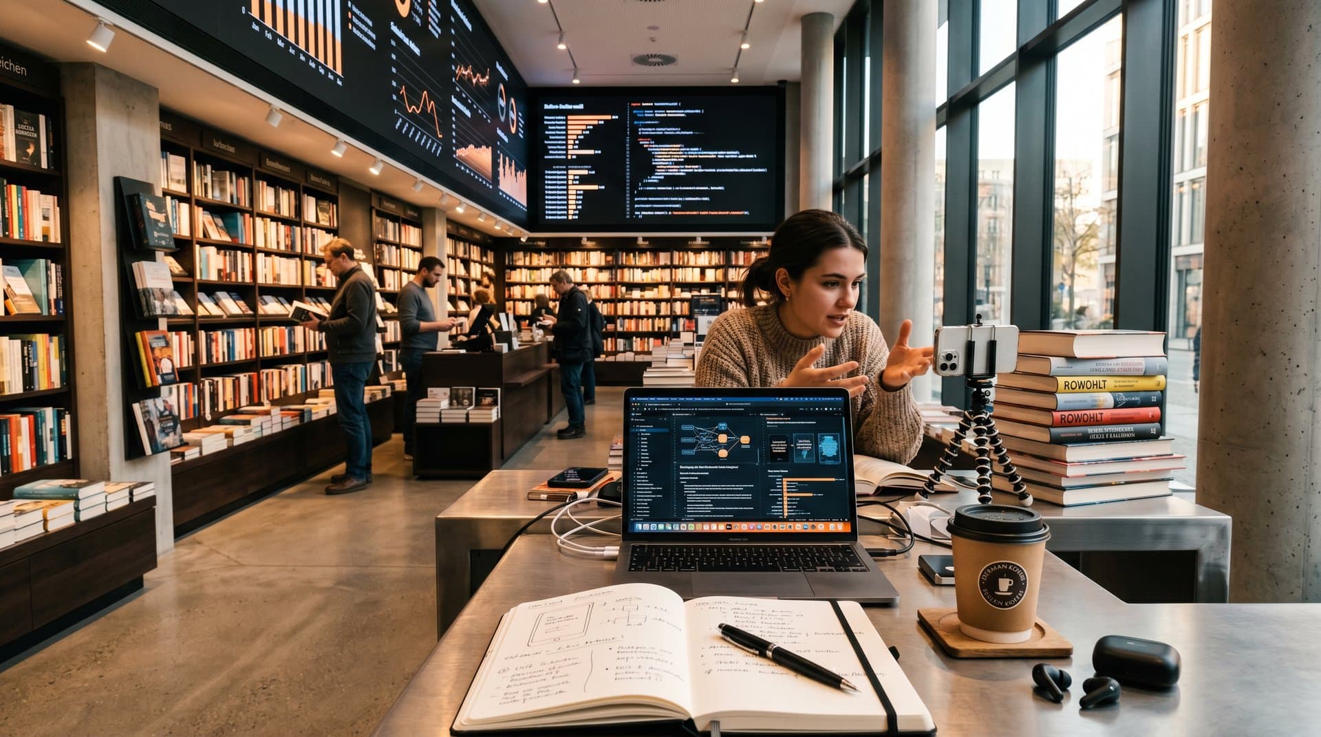 AI-Schreibtool in Buchhandlung mit BookTok und Markt-Charts