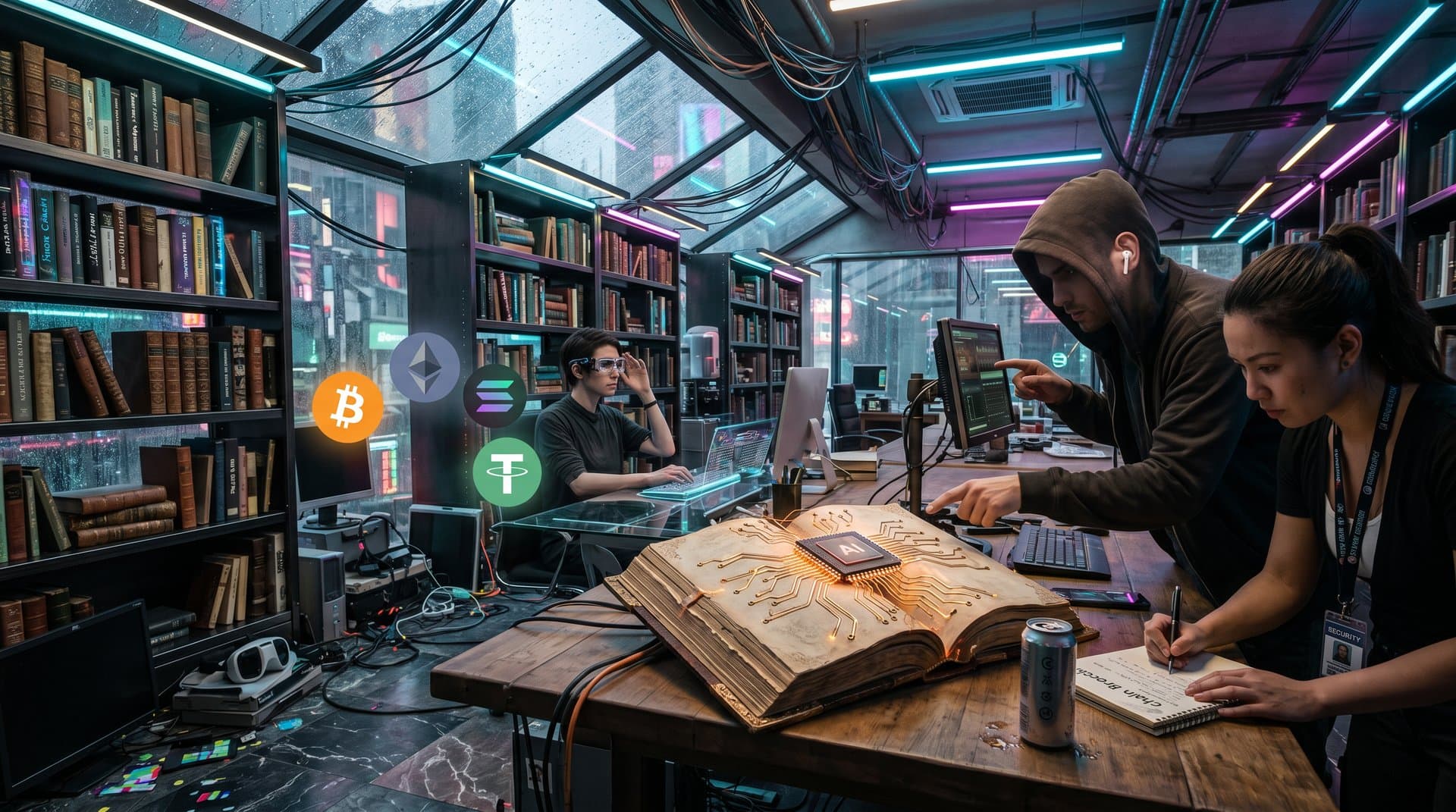 Futuristisches Cyberpunk-Buchcover mit AI-Netzwerken, Krypto-Coins und neuronalen Verbindungen in neonbeleuchteter Bibliothek