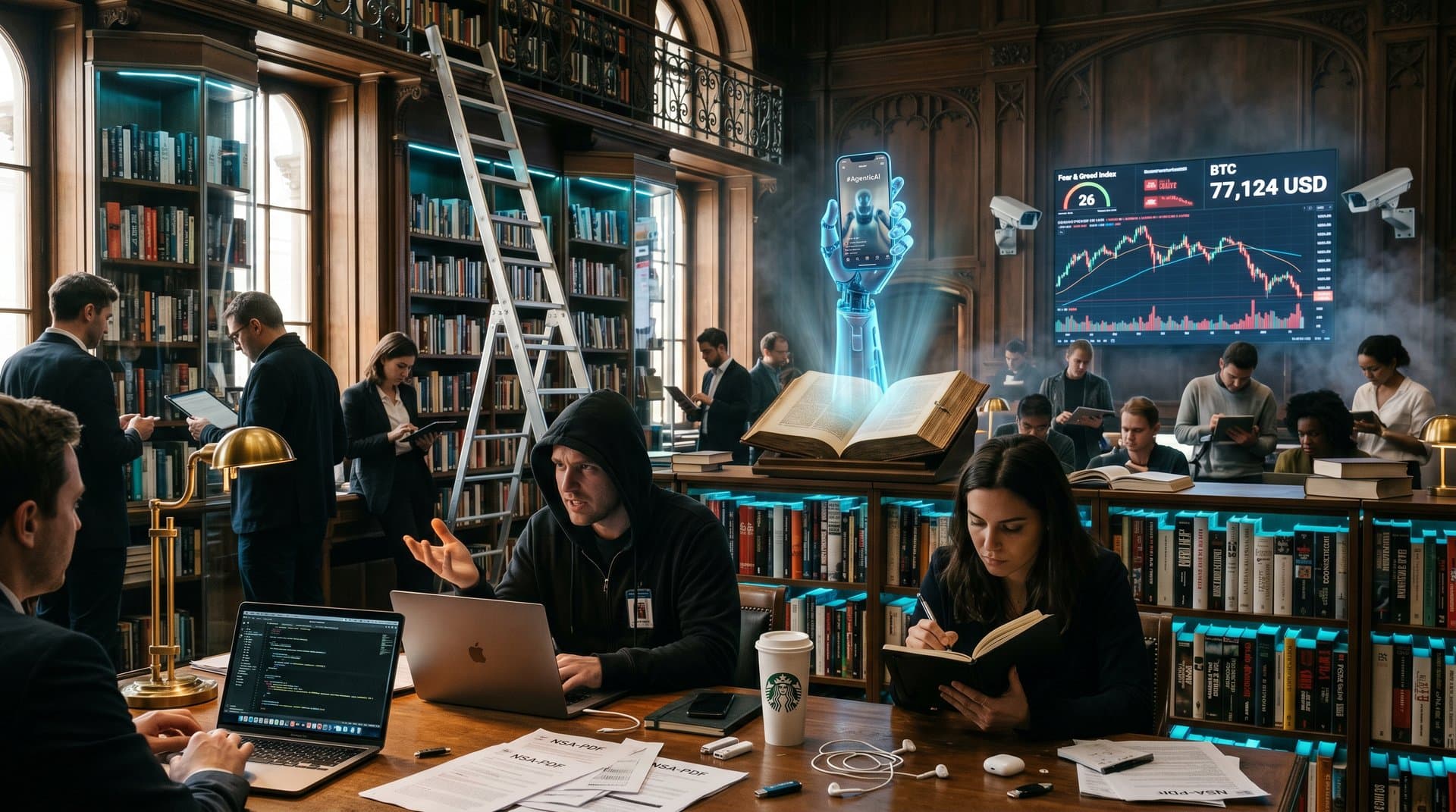 Sci-Fi-Bücher mit aufsteigendem AI-Roboter, BookTok-Smartphone und Crypto-Chart in dystopischer Bibliothek