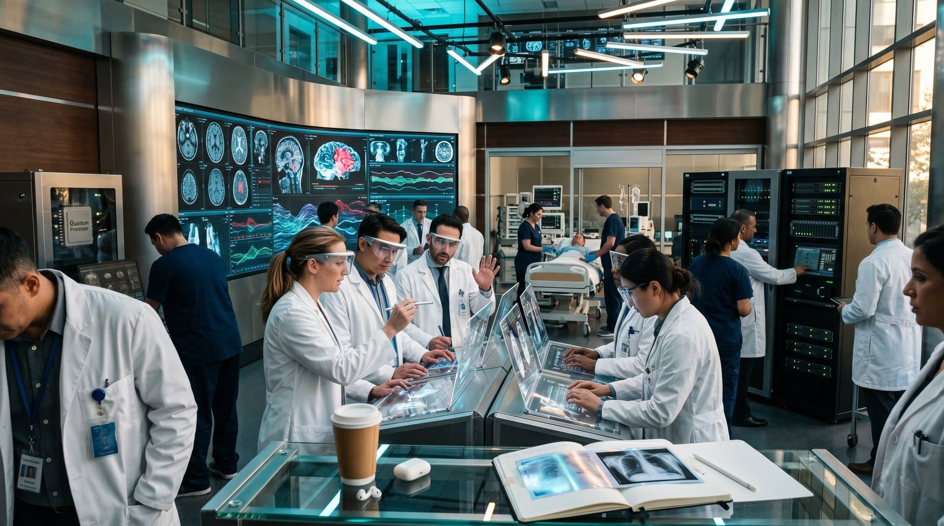Futuristische KI-Diagnostik in Sci-Fi-Klinik mit Hologramm-Scans und Dystopie-Elementen