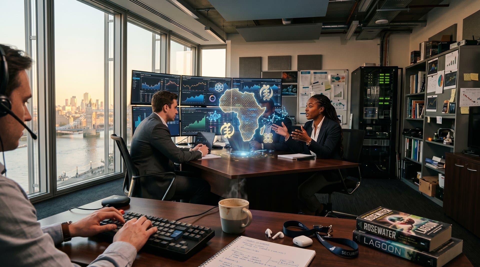 Futuristische KI-Governance-Simulation mit afrikanischen Karten und Blockchain-Elementen in high-tech Laborumgebung