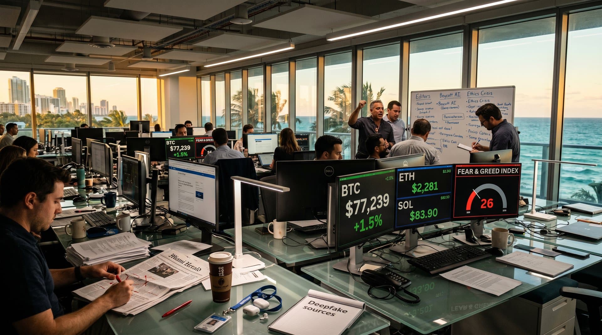 Journalisten im McClatchy-Redaktionsbüro streichen Bylines bei KI-Inhalten, Crypto-Charts auf Monitoren, Miami-Hintergrund