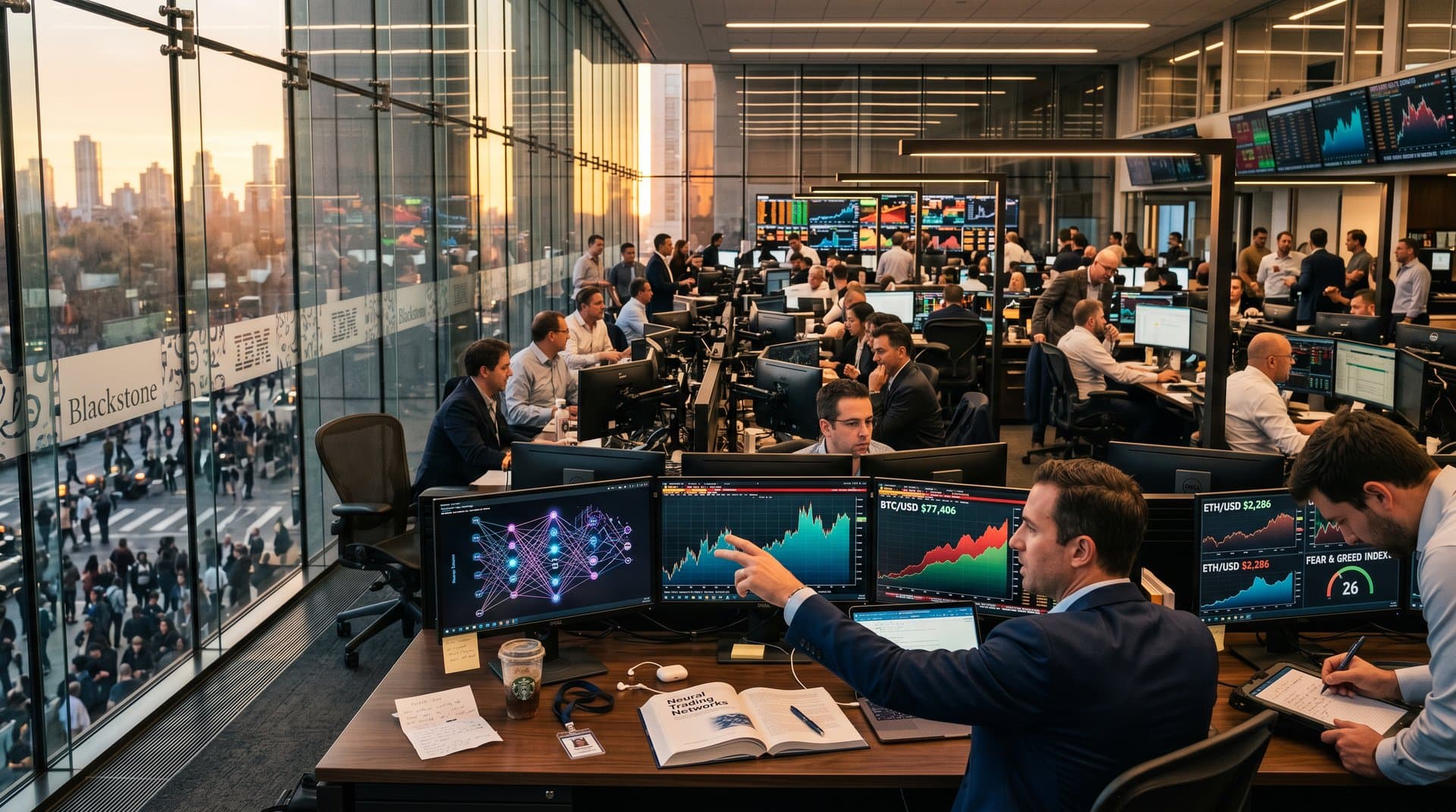 Trading-Floor mit KI-Charts, Buch und Krypto-Daten