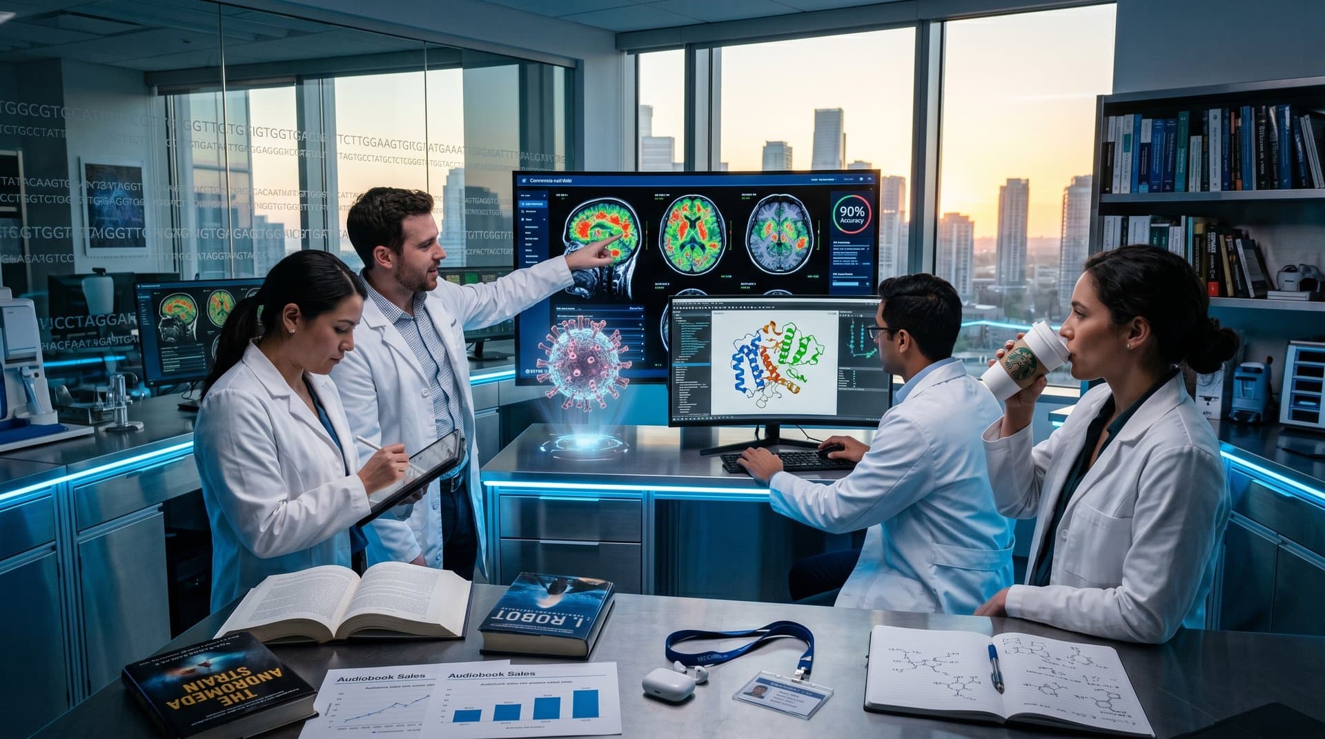 Futuristisches Labor mit KI-Scans und Sci-Fi-Büchern zu Diagnostik