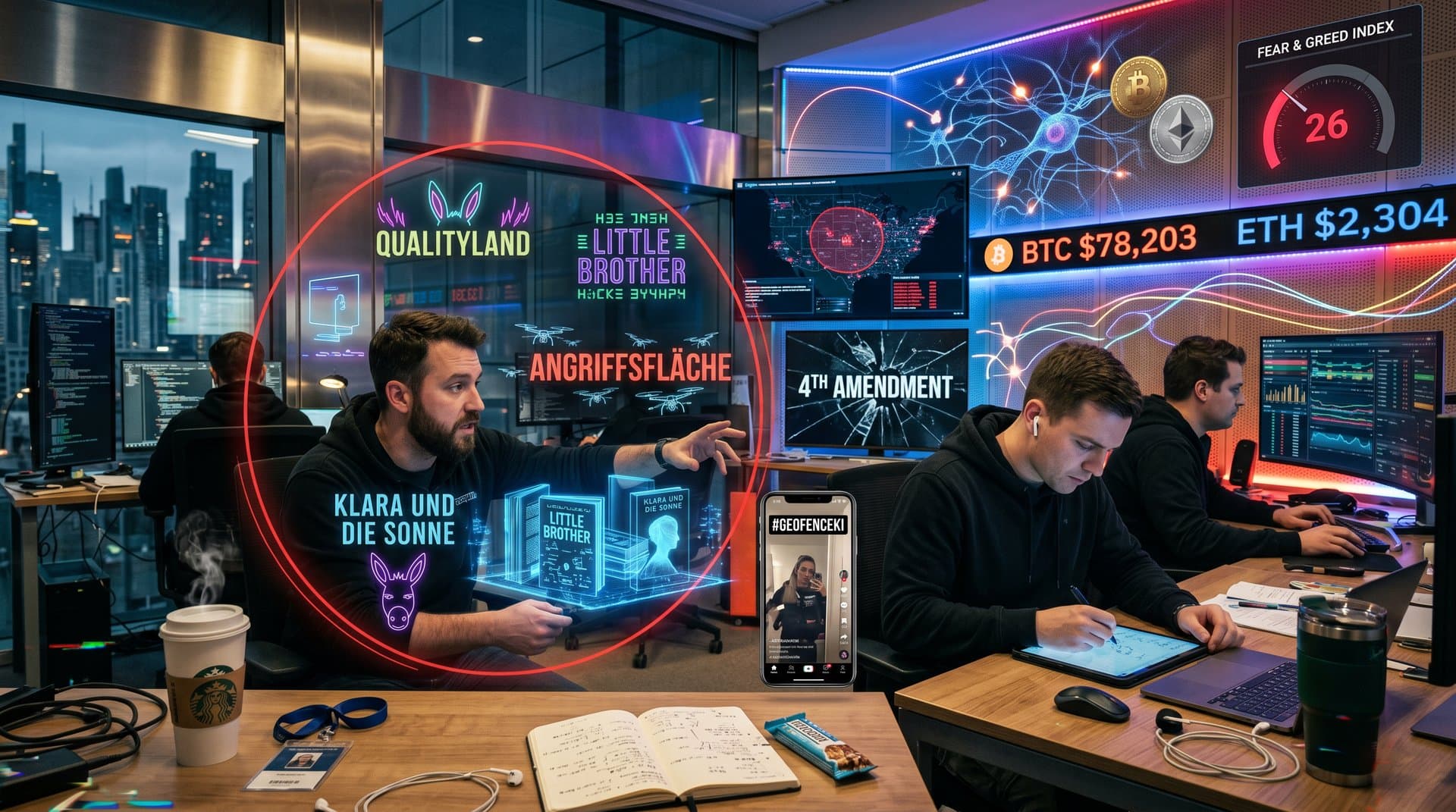 Digitale Kollage mit Geofence-Kreis, Büchern und Crypto-Symbolen im Cyberpunk-Stil