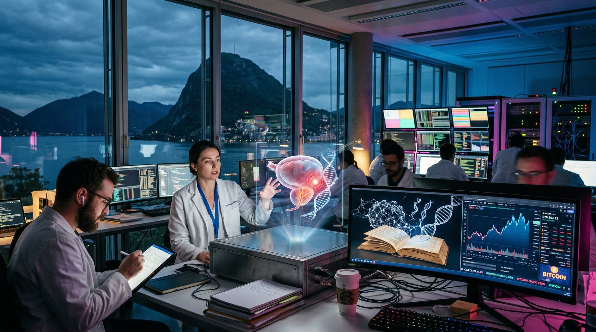 Cyberpunk-Sci-Fi-Szene mit DNA, KI-Netzen und Medizintech-Elementen