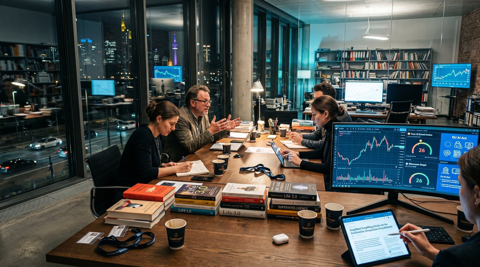Verlagsbüro mit KI-Büchern, BTC-Charts, EU AI Act und ethischen Debatten