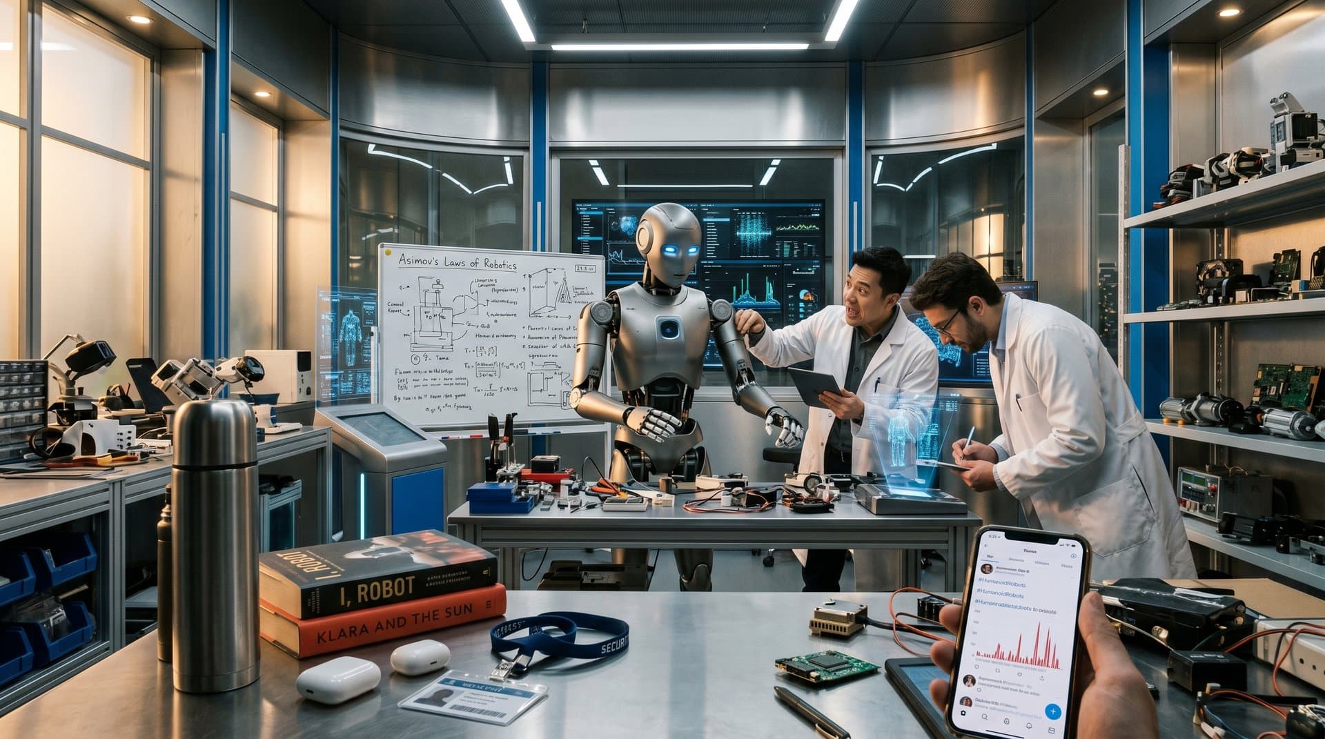 Humanoid-Roboter in Meta-Labor mit Sci-Fi-Büchern und BookTok-Smartphone